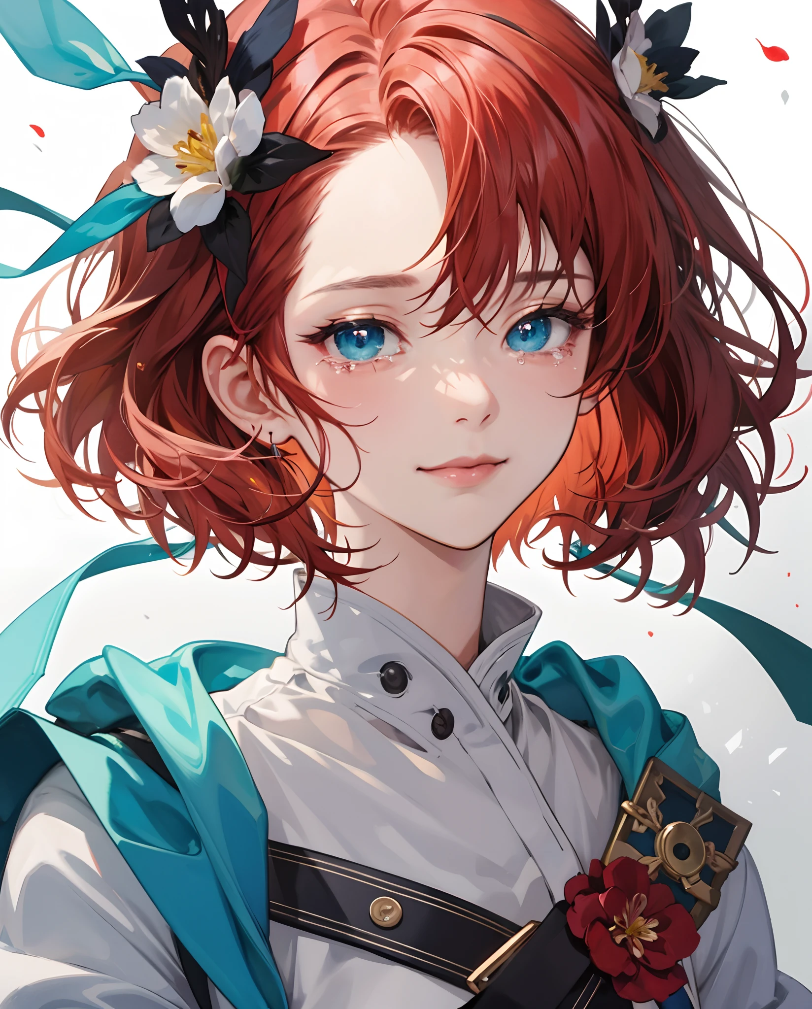 masterpiece、top-quality、超A high resolution、2D Beautiful Girl、animesque、s girl、Red hair、short-haired、Floral hair ornament、Beautiful blue eyes、The clothes are also depicted in detail、Eyes are depicted in detail、The face is depicted in detail、sorcerer、soio、Sad smile、tears、hair adornments、animesque、illustratio