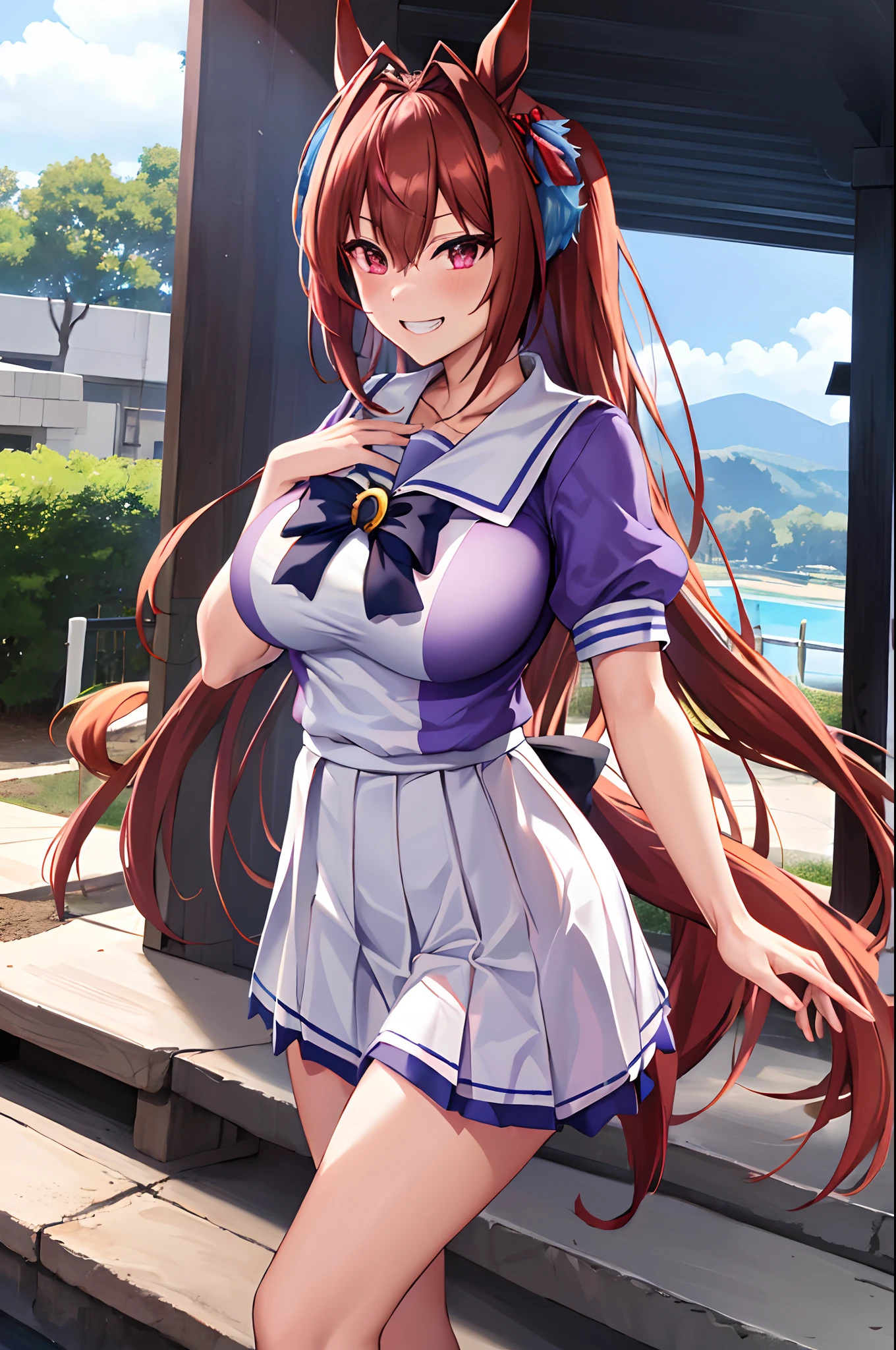 ((Colossal tits)), Hi-Res, 1girl in, Marl, 独奏, Daiwa Scarlet(Umamusume), Trasen School Uniform, white thighhig, White skirt, Twin-tailed, sailor shirt, Puffy Short Sleeves, Very long hair, brown haired, Horseshoe ornament, Sailor collar, Purple shirt, Hair intake, a miniskirt, tiarra, tusk, Akame, bangss, Grinning face