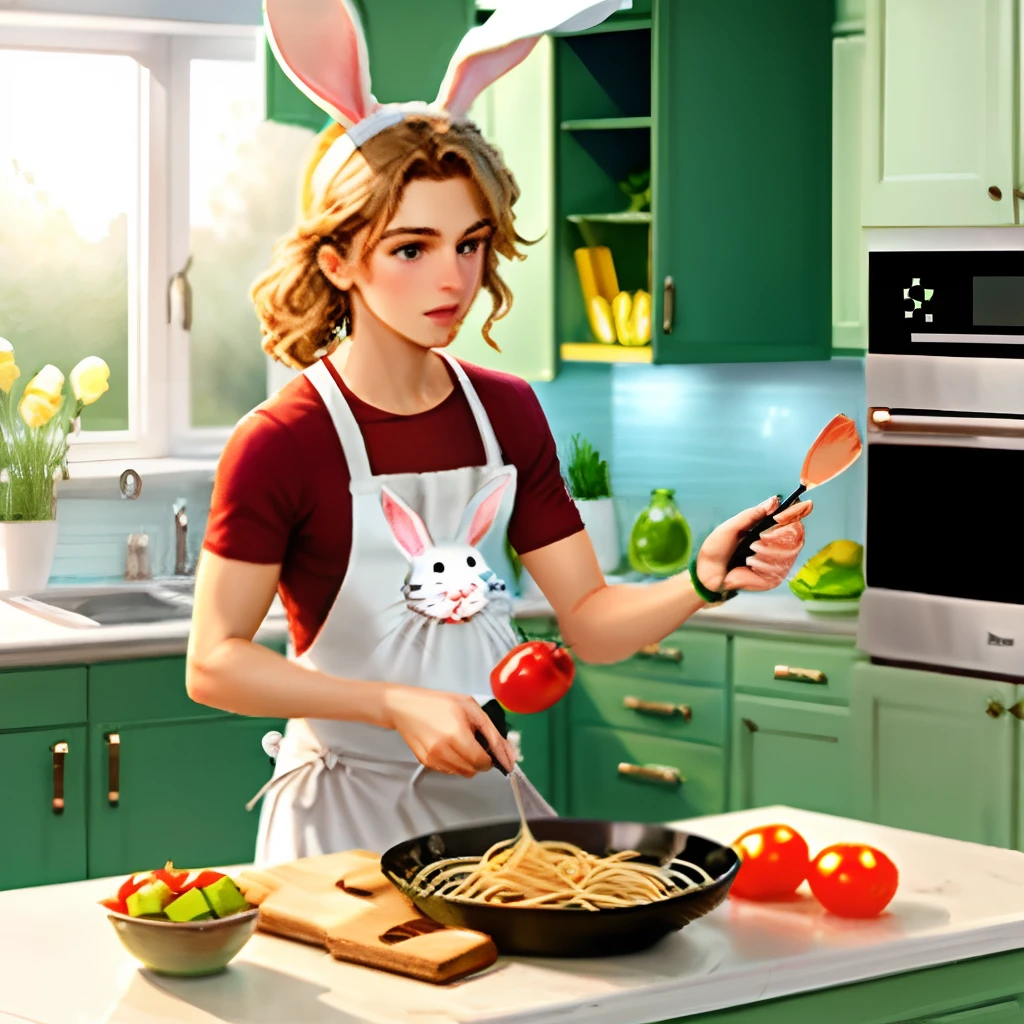 Make a cartoon white bunny in the kitchen preparing ingredients to make spaghetti and showing a tomato in its hand to the audience