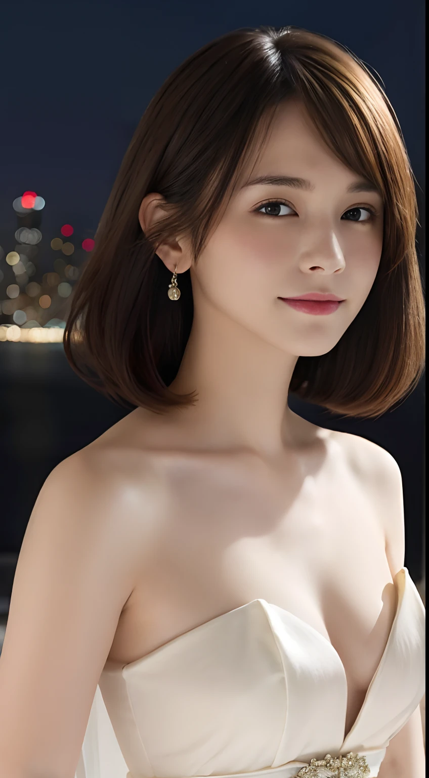 (A hyper-realistic), (hight resolution), (8K), (ighly detailed),  (beatiful detailed eyes), (top-quality), (ultra-detailliert), (​masterpiece), (A detailed face), softfocus、face of emma watson、bob cuts、Colossal tits、japanes、Dress up with jewelry、elegant clothing、Shanghai Night View Date、夏天、A smile、