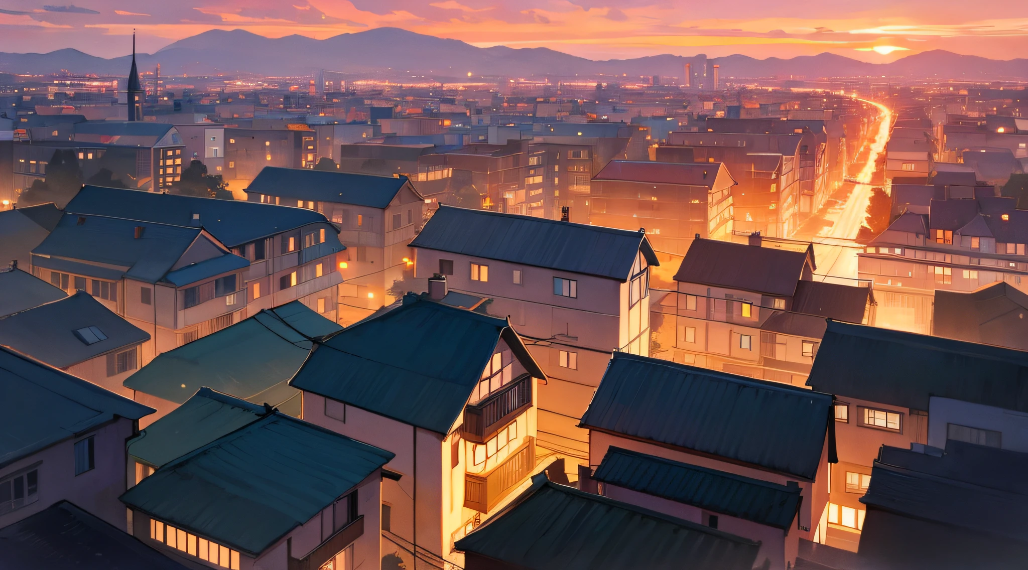 city, sunset, only one house