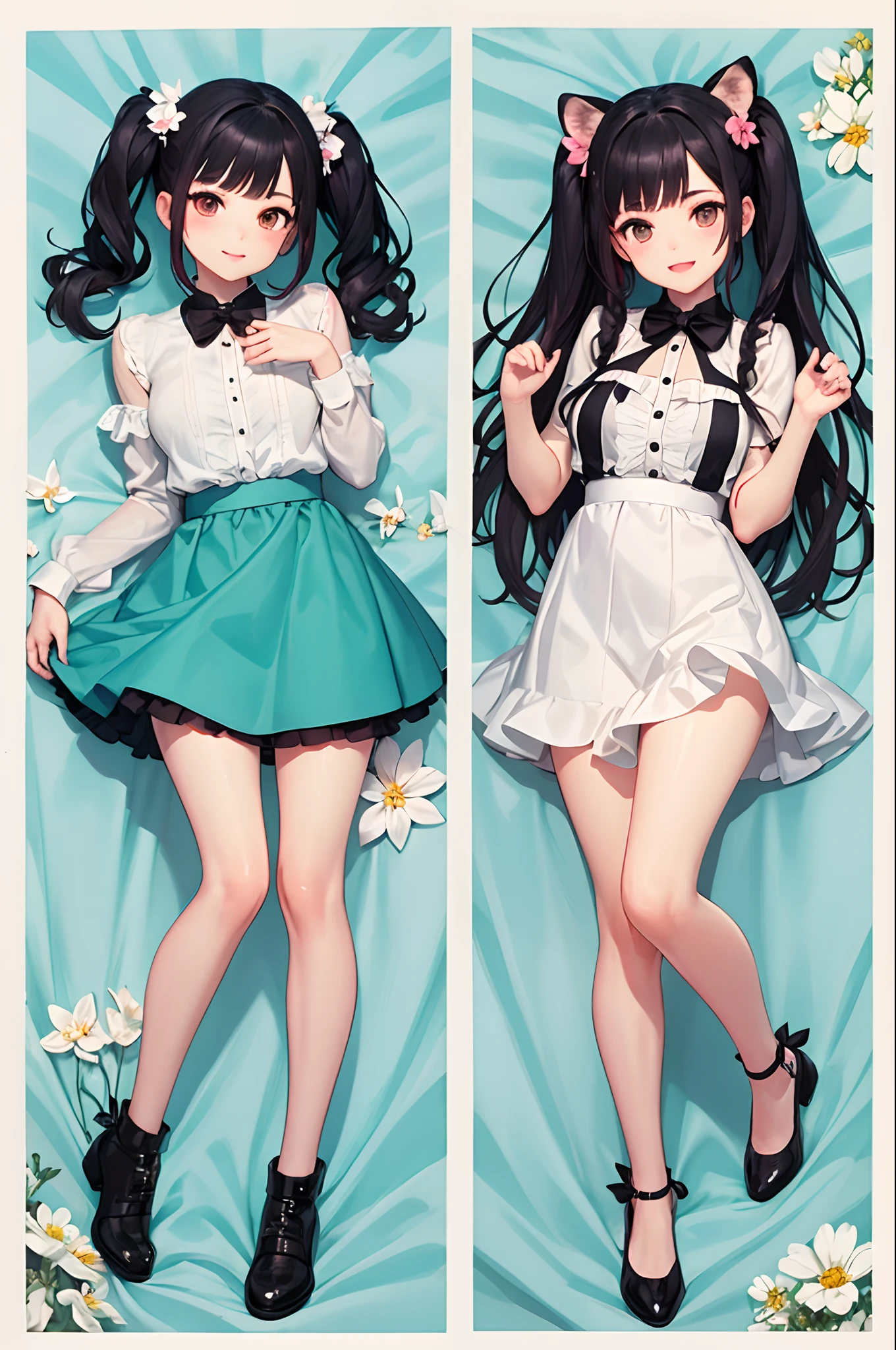 (((High resolution:1.5))), (((Very detailedな:1.5))), (((Two Girls:1.3))),((7Head to Body:1.3))、 (((White bed,Bright interior、Midday light background)))、(((Happy expression))), (((smile:1.5)))、(((Beautiful and detailed eyes:1.3))), (((Very detailed))), (((Details face:1.5))), break ,sunny、(((Very delicate body:1.5)))、(((Very flat chest:1.mall waist))、(from side:1.3),(((Embrace:1.3)))、(((wavy hair:1.3)))、(((ytail:1.5))),Normal limbs、(((thigh gap:1.3))),(((dakimakura:1.5)))、(((Camisole:1.1)))、(((cropped shirt,belly button、Bikini pan.3)))、chain