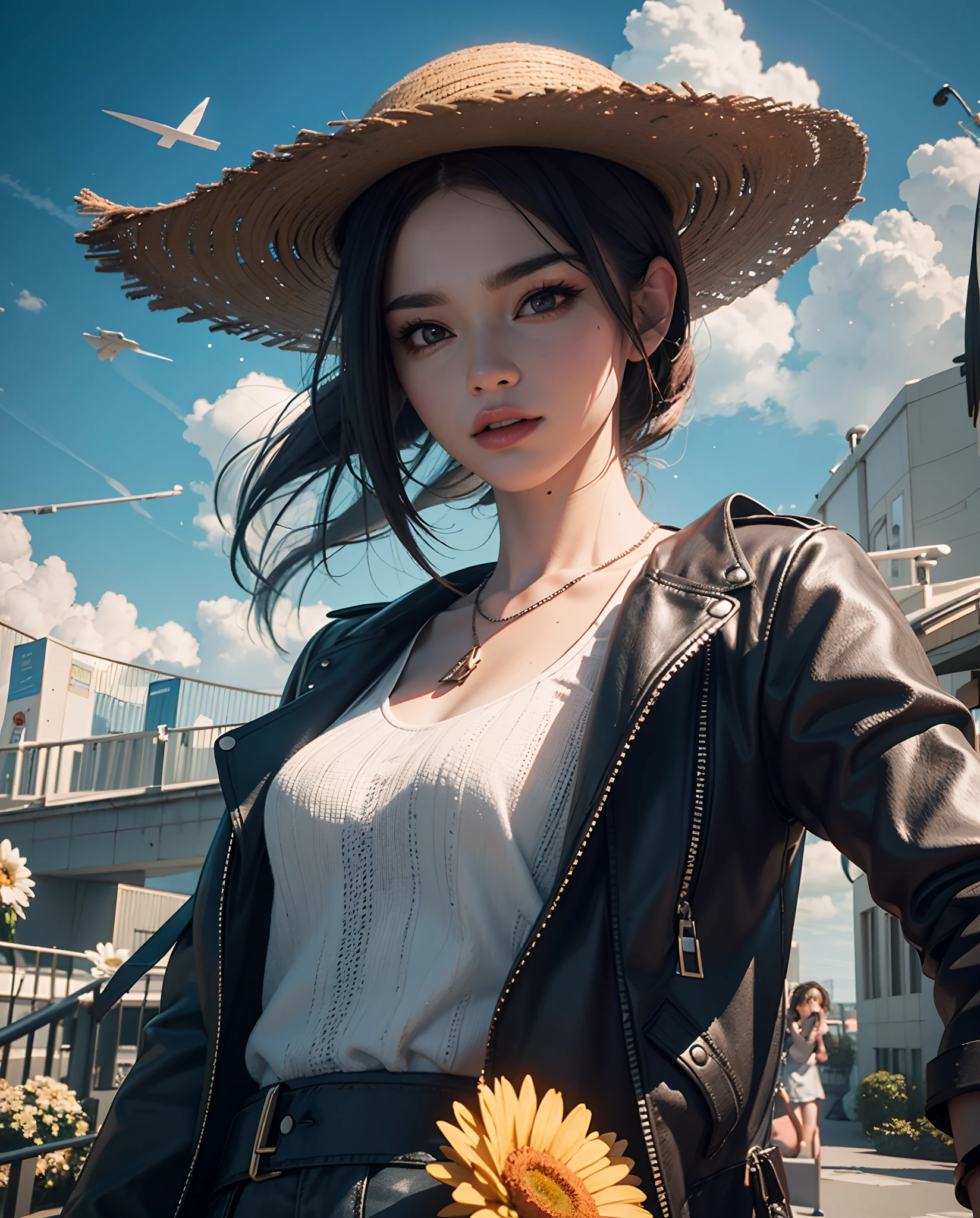 There is a suitcase with a straw hat on top, 1girl, beautiful, medium beast, clouds, atmosphere, leaves, chrysanthemums floating in the air, paper airplanes, (miniature: 1.2), 2.5d illustration, 3d rendering, 3d modeling, bubble matt, trend in behans 3d art, trend in behans 3d art, 3d illustration, 3d illustration, 3d illustration, commercial illustration, cinema 4d color rendering, 3d rendering stylization, stylized digital illustration, 3d stylized scene, stylized 3d rendering