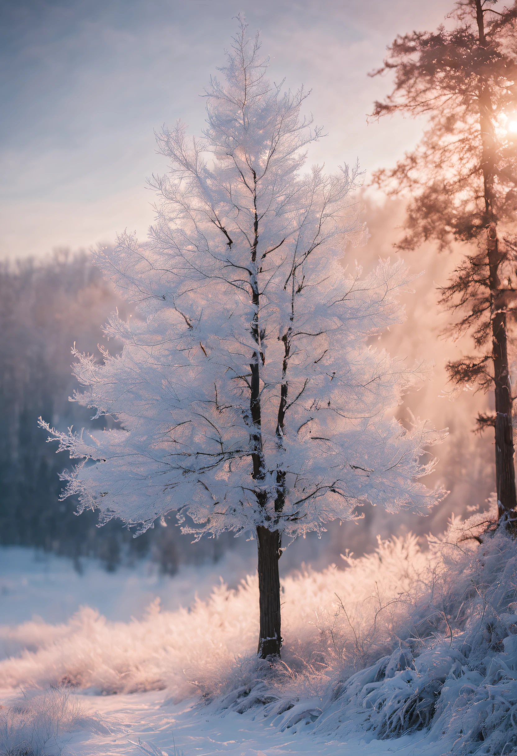 (frosted crystals,frost on the leaves,ethereal atmosphere),winter wonderland,surreal landscape,icy branches  [glowing sunset:1.1],  [soft pastels],  [subtle shadows],  [sparkling snow],  [crisp and clear details],  [delicate textures],  [sublime beauty],  [dreamlike scenery],  [frozen stillness],  [subdued lighting],  [whispering winds],  [enchanted forest],  [subtle color gradient],  [crystal-clear reflections],  [silhouette of trees],  [subtle hint of mystery],  [serene tranquility],  [faint hint of magic],  [mystical ambiance],  [peaceful solitude],  [harmony of nature],  [sublime solitude],  [subtle winter palette],  [sublime serenity],  [gentle ambiance],  [captivating calmness],  [ethereal beauty],  [soft diffused light], [layers of frost],  [glistening branches],
[impeccable clarity],  [gentle snowfall],  [soft winter hues],  [tranquil silence],  [magical tranquility],  [mystery in the mist],  [delicate serenity],  [ethereal glow],  [captivating delicacy],  [mystical stillness]
