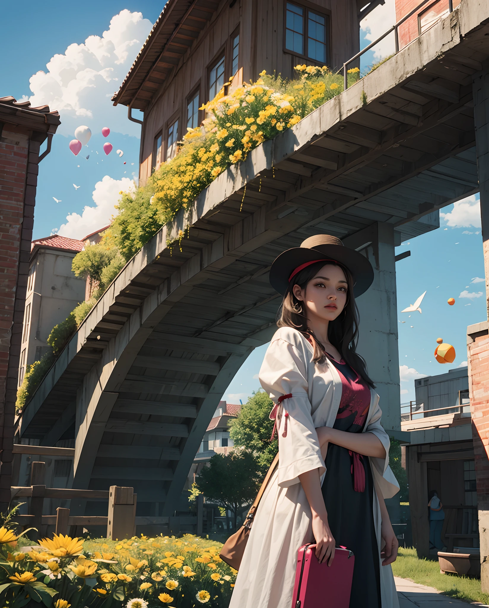 There is a suitcase with a straw hat on top, 1girl, beautiful, medium beast, clouds, atmosphere, leaves, chrysanthemums floating in the air, paper airplanes, (miniature: 1.2), 2.5d illustration, 3d rendering, 3d modeling, bubble matt, trend in behans 3d art, trend in behans 3d art, 3d illustration, 3d illustration, 3d illustration, commercial illustration, cinema 4d color rendering, 3d rendering stylization, stylized digital illustration, 3d stylized scene, stylized 3d rendering