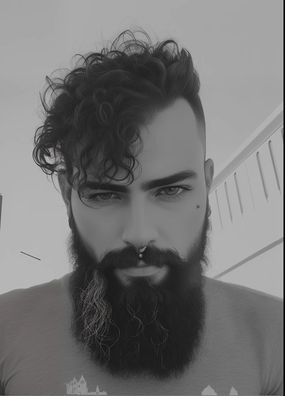 homem de barba longa, piercing e alargadores,  I want the picture colored, the scenery a hell