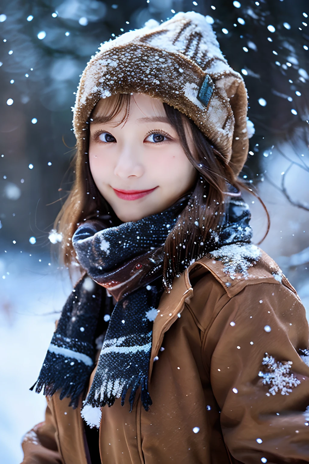 (night view:1.5),(ultra-detailed background, detailed background),(highly beautiful detail face:1.2),
before dawn,winter,snowed forest,mountainous horizon,
1 girl,27 yo, (japanese girl),medium breasts,brown mefium hair,smile,
(in grand snowy landscape), (hunting cap:1.1),wearing scarf,
(wearing down jacket:1.2),(snowing:1.5)