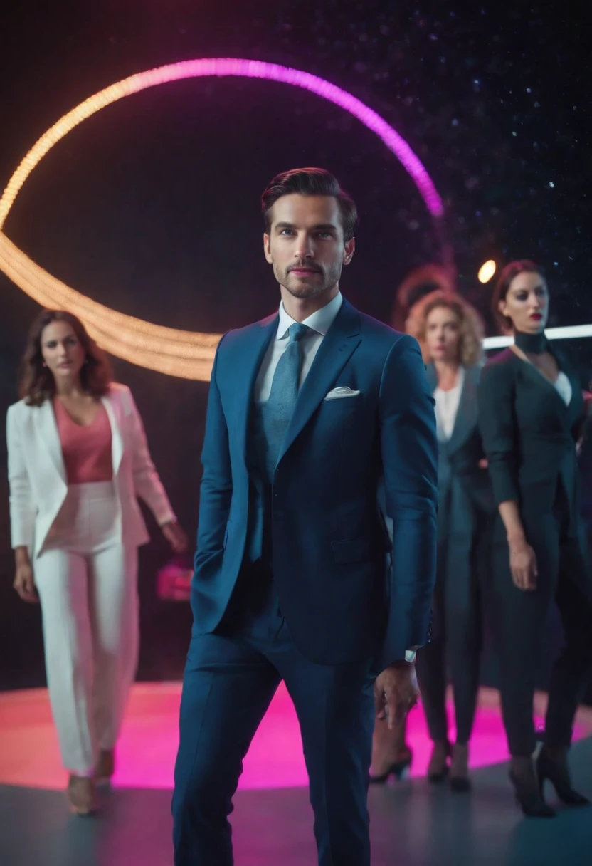 an elegant man, dressed in a suit, three women in the background, arc of neon colors, in deep space, geometric icons sliding