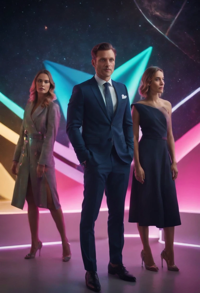 an elegant man, dressed in a suit, three women in the background, arc of neon colors, in deep space, geometric icons sliding