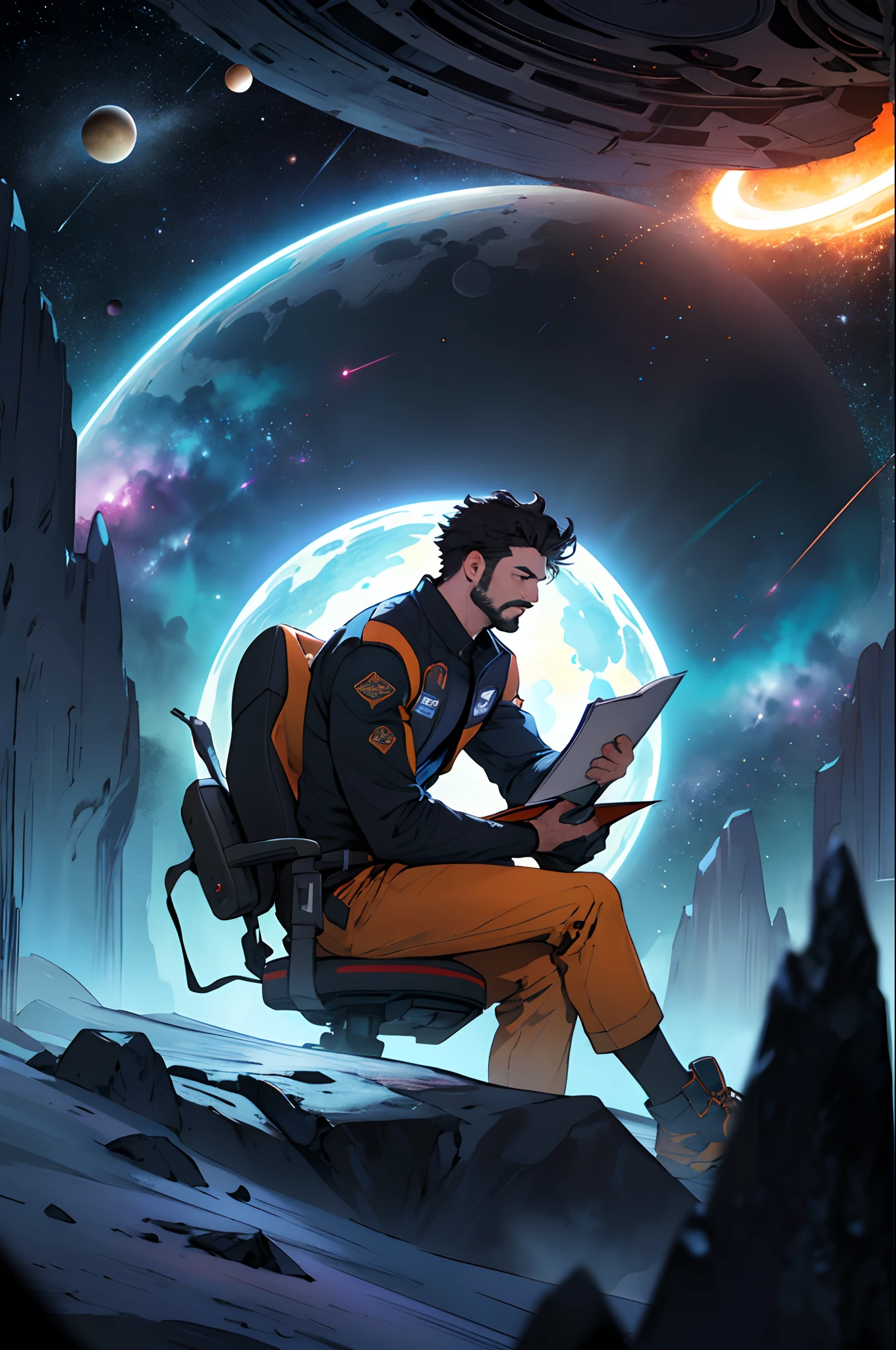 Draw a young programmer, sitting on a research platform floating in the middle of an asteroid belt. He is studying with a notebook, surrounded by several asteroids glowing with fiery auras. Dramatic lighting from distant stars and planets illuminates the scene, casting deep shadows on the suit. The young man looks confident and determined, looking at the vast and mysterious universe with wonder and respect,facial hair, cowboy shot,