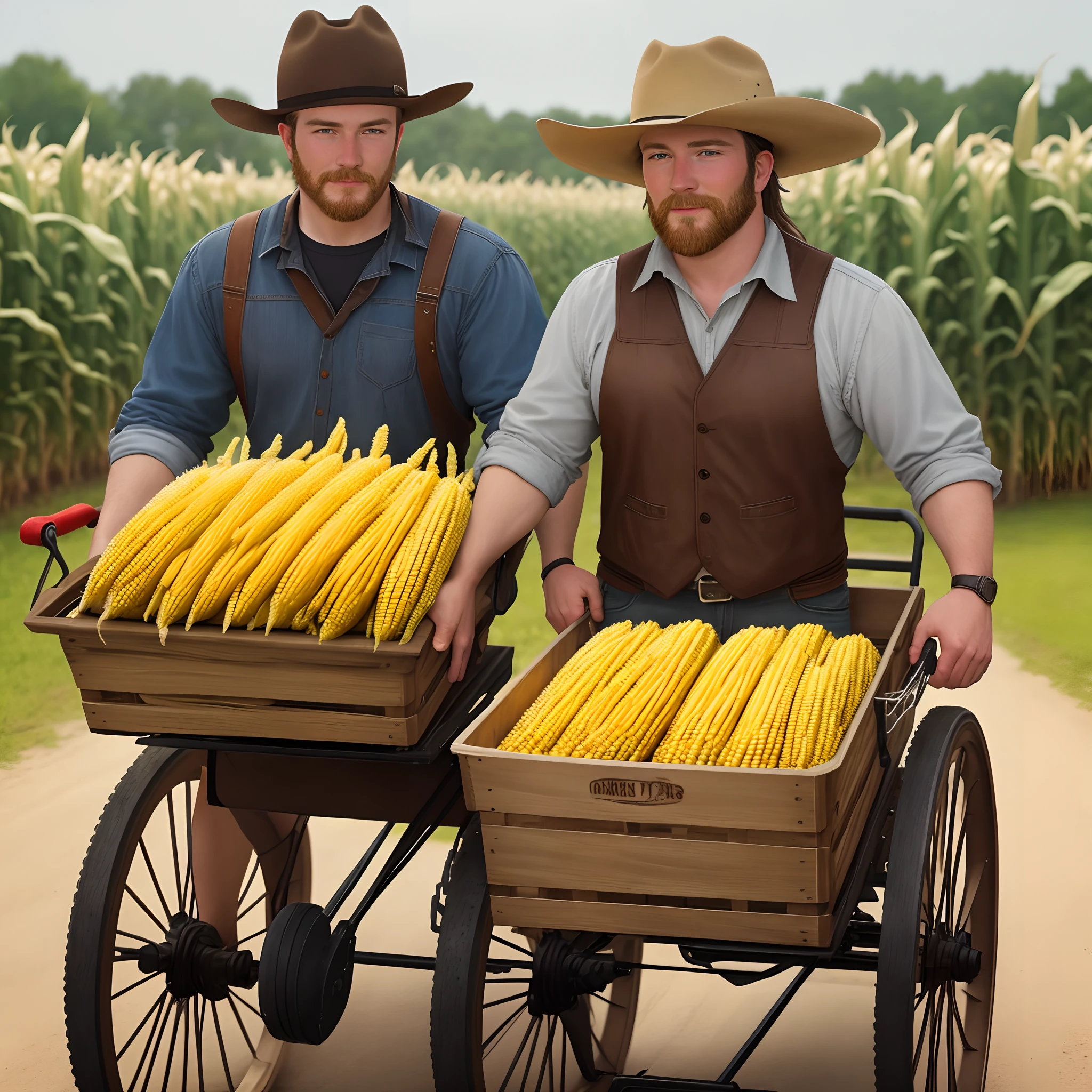 country man, in a cart full of corn pulled by a horse.