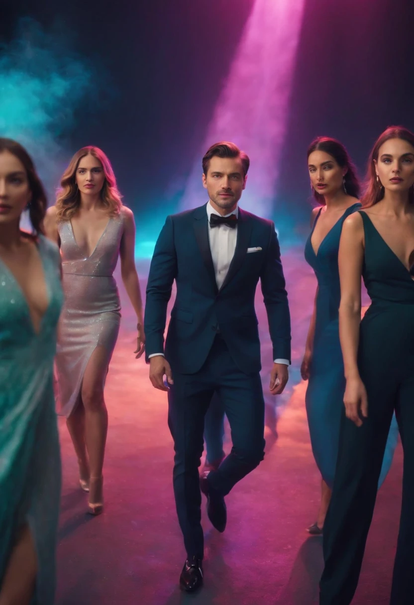 an elegant man, dressed in a suit, three women in the background, arc of neon colors, in deep space, geometric icons sliding