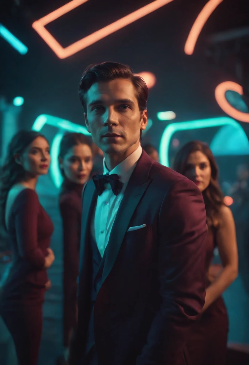 an elegant man, dressed in a suit, three women in the background, arc of neon colors, in deep space, geometric icons sliding