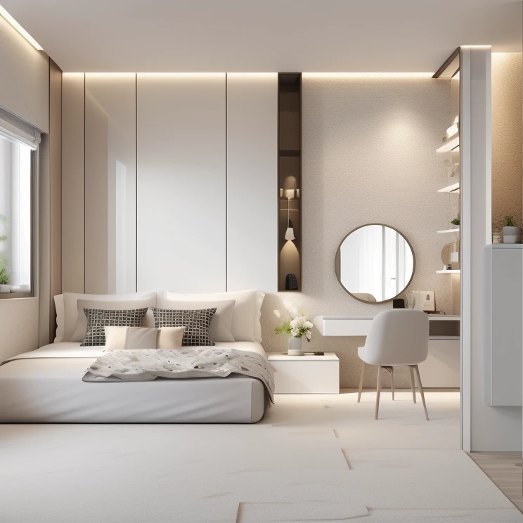 Masterpiece, high quality, best quality, authentic, super detail, interior, bedroom, bed, 2 pillow, wardrobe, glass Windows, carpet, no bed sheets bedroom/(morden and neoclassical ), dark tone, glossy floor, (((white max bump feather carpet))), white marble wall, (((picture decor at wall on head))), white waving bench at the end of the bed, cabinet near the bed by full inox