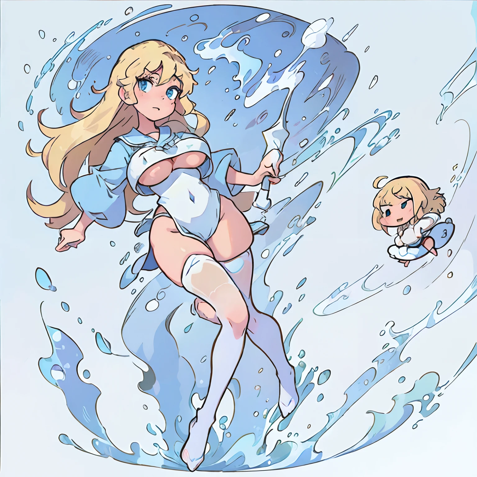2D Cartoonish-pixar, Disney style, cartoon, white blonde woman with blue eyes, big boobies, japanese school costumes, blonde woman, full body, photo full body.
