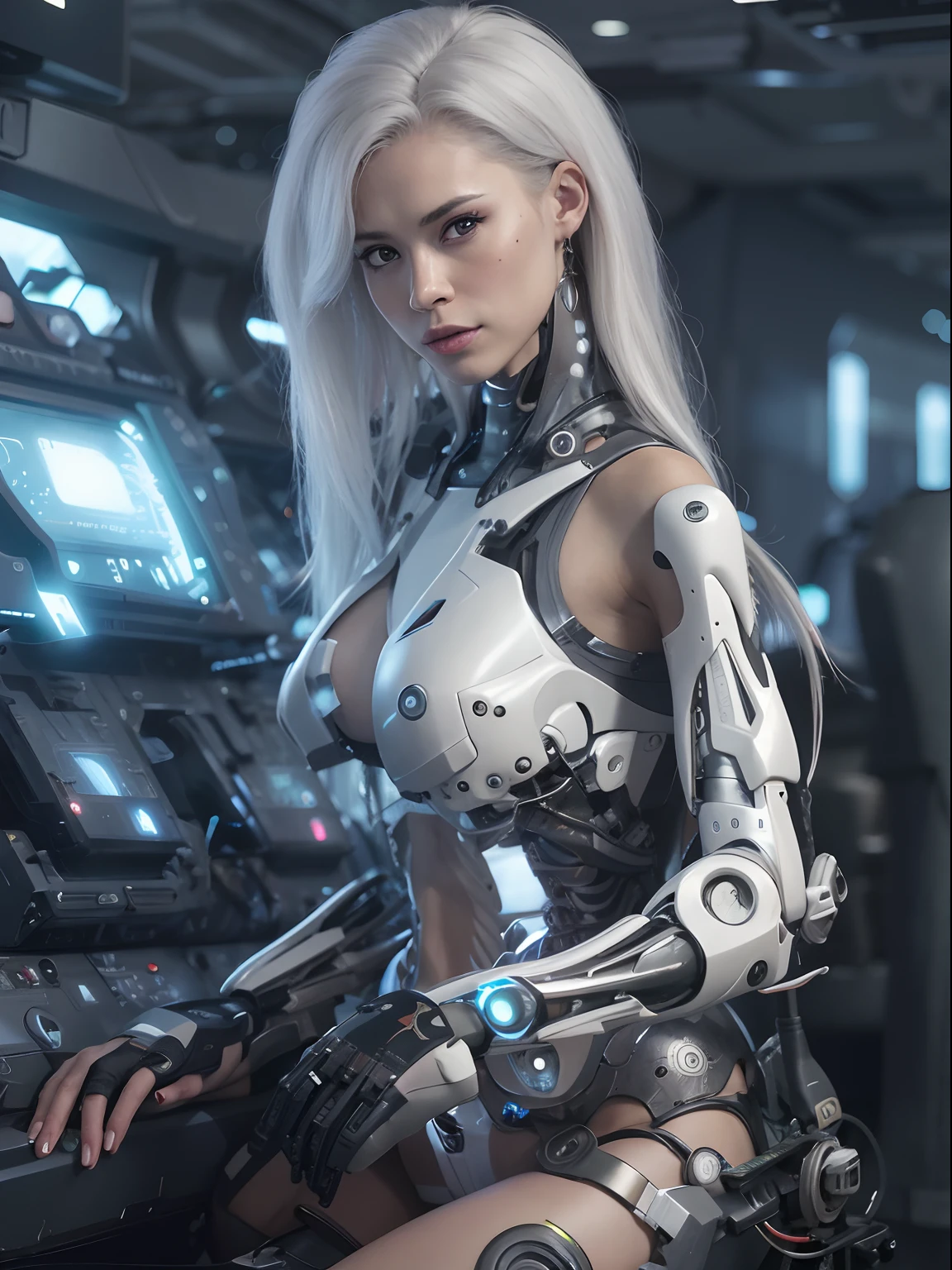 A close-up of a woman in a futuristic costume with a machine, Hermosa chica blanca cyborg, Cyborg - Chica con cabello plateado, Chica cyborg, Hermosa chica cyborg, linda chica cyborg, Cyborg - Chica, Hermosa chica cyborg, Hermosa y atractiva cyborg femenina, Chica androide perfecta, Perfecto cyborg hembra, Mujer cyborg, cyborg hembra, Hermosa cyborg hembra