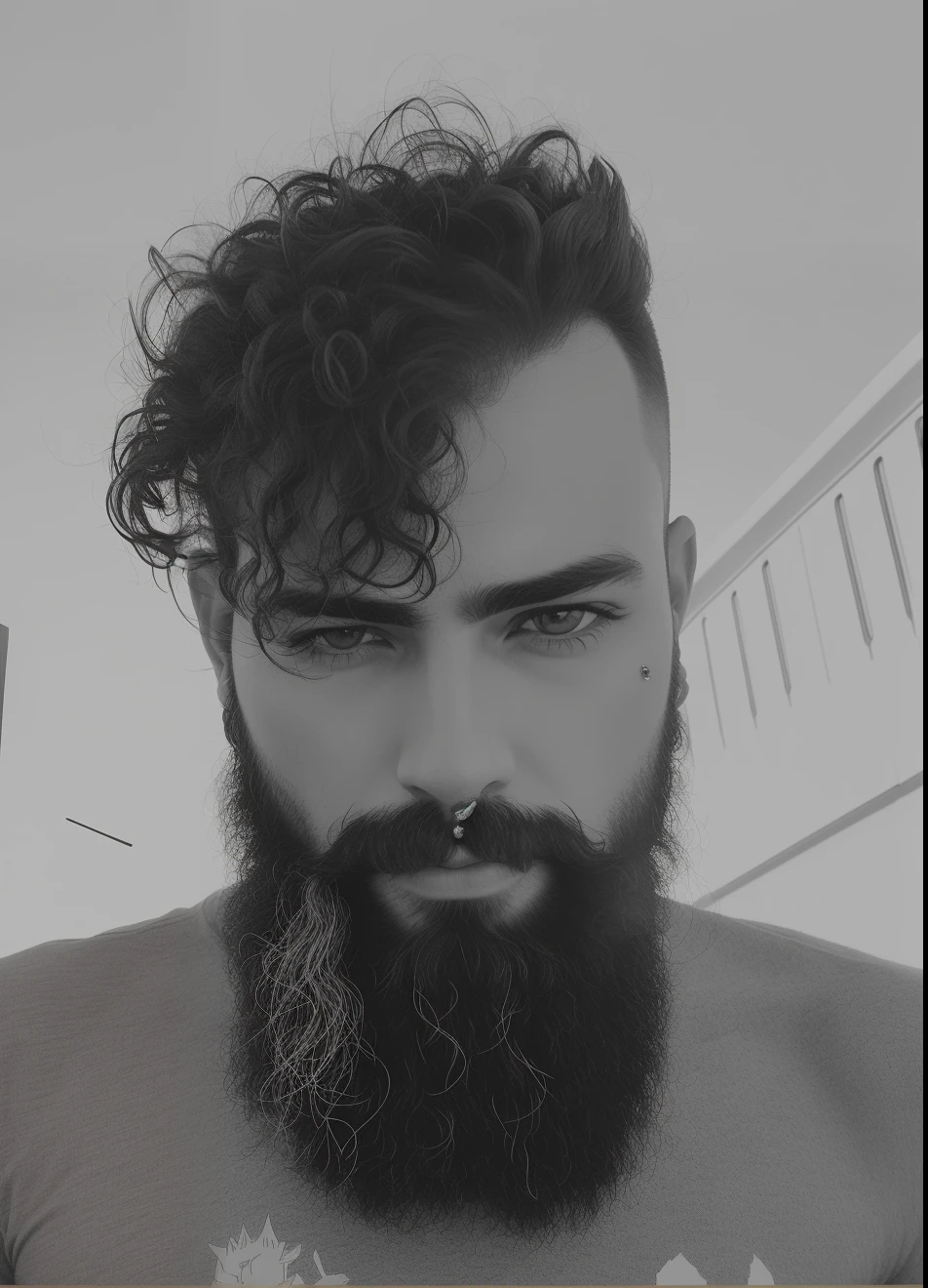 homem de barba longa, piercing e alargadores,  I want the picture colored, the scenery a hell