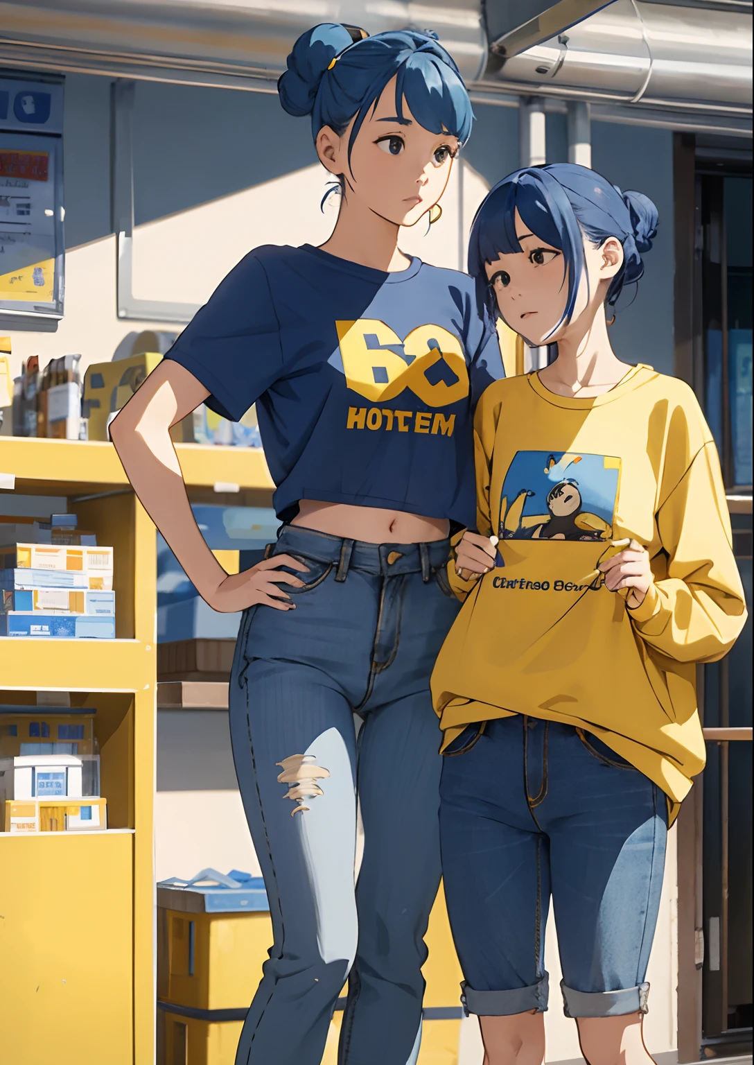 Female college student with bun head、Petite and baby-faced、I'm strong-willed、Blue hair、Colossal tits、Yellow clothes、denim hot-pants