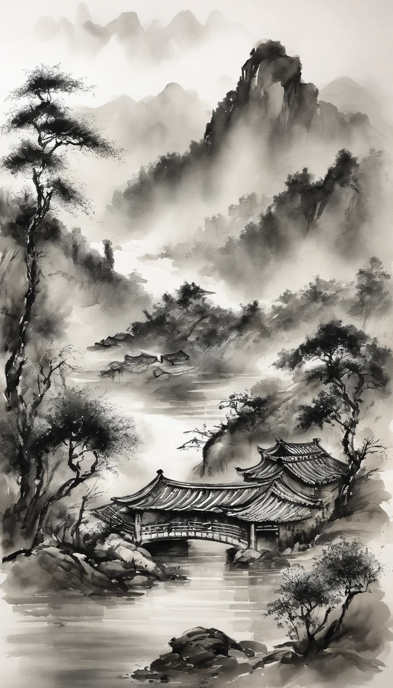 Chinese landscape painting，ink and watercolor painting，water ink，ink，Smudge，Faraway view，Ultra-wide viewing angle，Meticulous，River side，Small Stone Bridge，grassy fields，The tree，The vista is a mountain，（8k wallpaper），（light and shadow effect），rendering by octane，White balance design，Extremely detailed picture depiction，wide angles，depth of fields，tmasterpiece，realisticlying，Beautifully depicted，A detailed，acurate，Works of masters，tmasterpiece