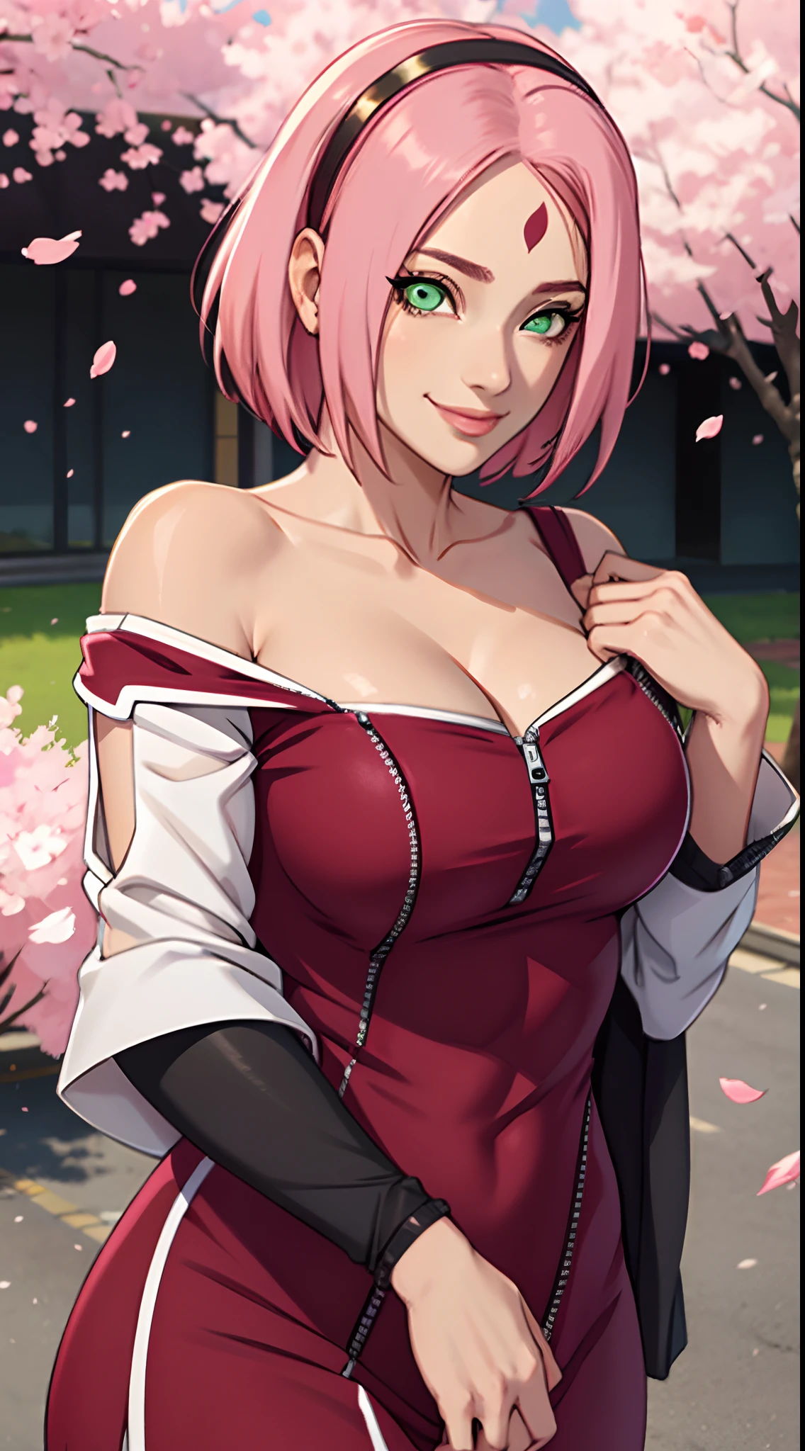 tmasterpiece， Best quality at best， 1girll， Sakura Haruno， Large breasts，Off-the-shoulder attire，（cleavage)，（upperbody closeup)，Raised sexy，is shy，smile，with pink hair， long whitr hair， （Green eyeballs:1.4)， Forehead protection， the cherry trees，Cherry blossoms flying，black clothes，Zipper half, busty figure,  tits