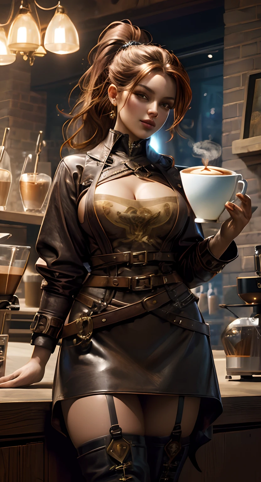 Beautiful women (Amber Fernandez), (((super barista))), steampunk, Leather apron, Thigh-high Boots, steamy, , naughty, pretty face, high ponytail, masterpiece, sultry, hourglass figure, highly detailed, 8k, dynamic lighting, trending on artstation, award-winning , photorealistic oil painting, by charlie bowater, fine details, by wlop, trending on artstation, very detailed