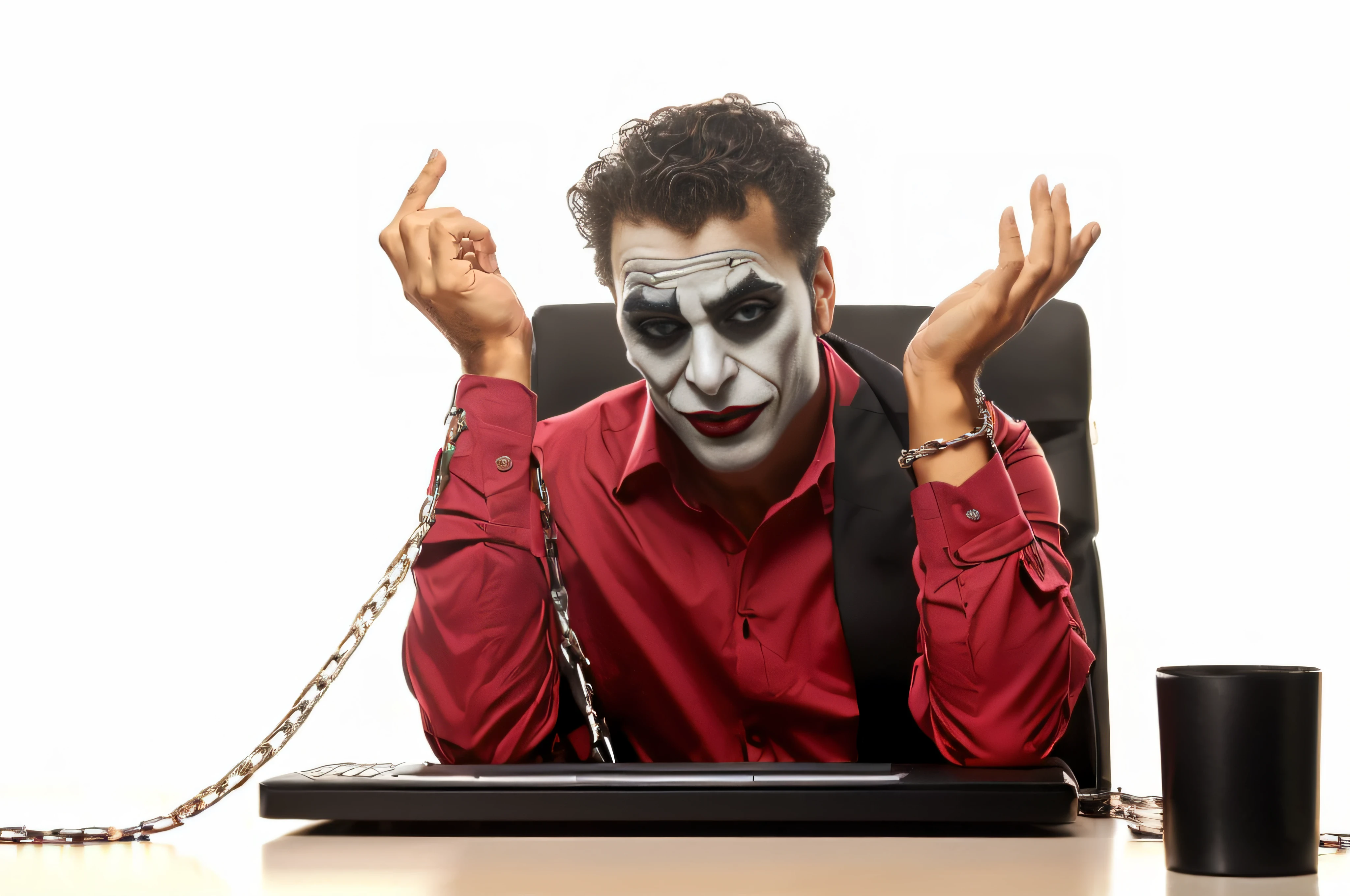 homem arafed 25 anos em camisa vermelha com rosto preto e pintura de rosto branco sentado na mesa com laptop, Retrato do Coringa, coringa, Retrato de um Coringa, olhar frustado, Lots of facial expression, olhos enormes, olhos frustados, chains on your arms, chained arm, algemas em seus punhos, homem acorrentado, punhos acorrentados, homem preso,maquiagem coringa