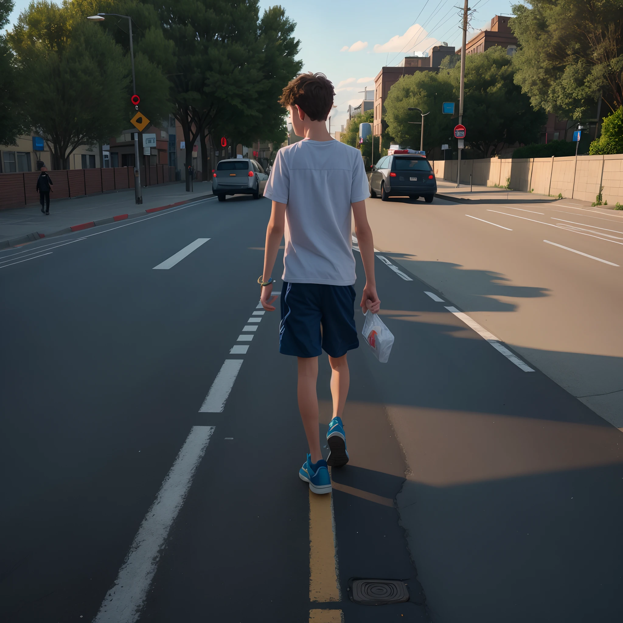 There was a boy walking down the street with a black mobile phone, Walking on the street, which stands on the street, walking boy, In the middle of the street, Standing on the street, Have on the street, In the street, crossing road, which stands on the street, Have on the street, walking through a suburb, walking at street, On the street Black hair
