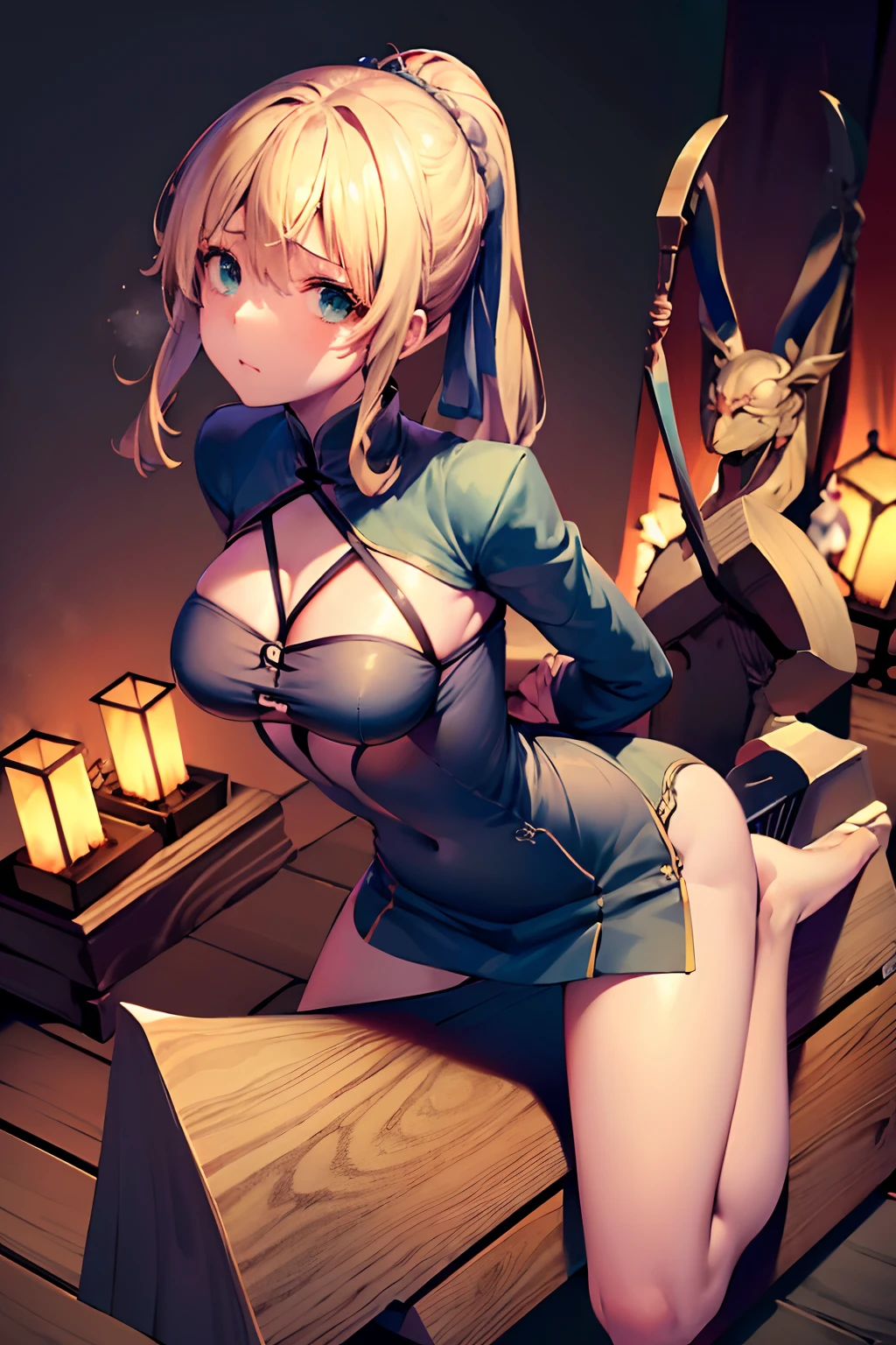 masutepiece, Best Quality, hight resolution, CC Saver, Blonde hair, Green eyes, Ahoge, (chinese clothes:1.3),  frown,, 1girl in, wooden horse, Crotch rubbing, Thought-provoking liquids, Shibari,, masutepiece, Best Quality, Highly detailed、(Hands behind your back:1.5)、nffsw, Large breasts,  female focus, Full body,  Juice, Sweat, (Straddling a wooden horse:1.3)、Glaring