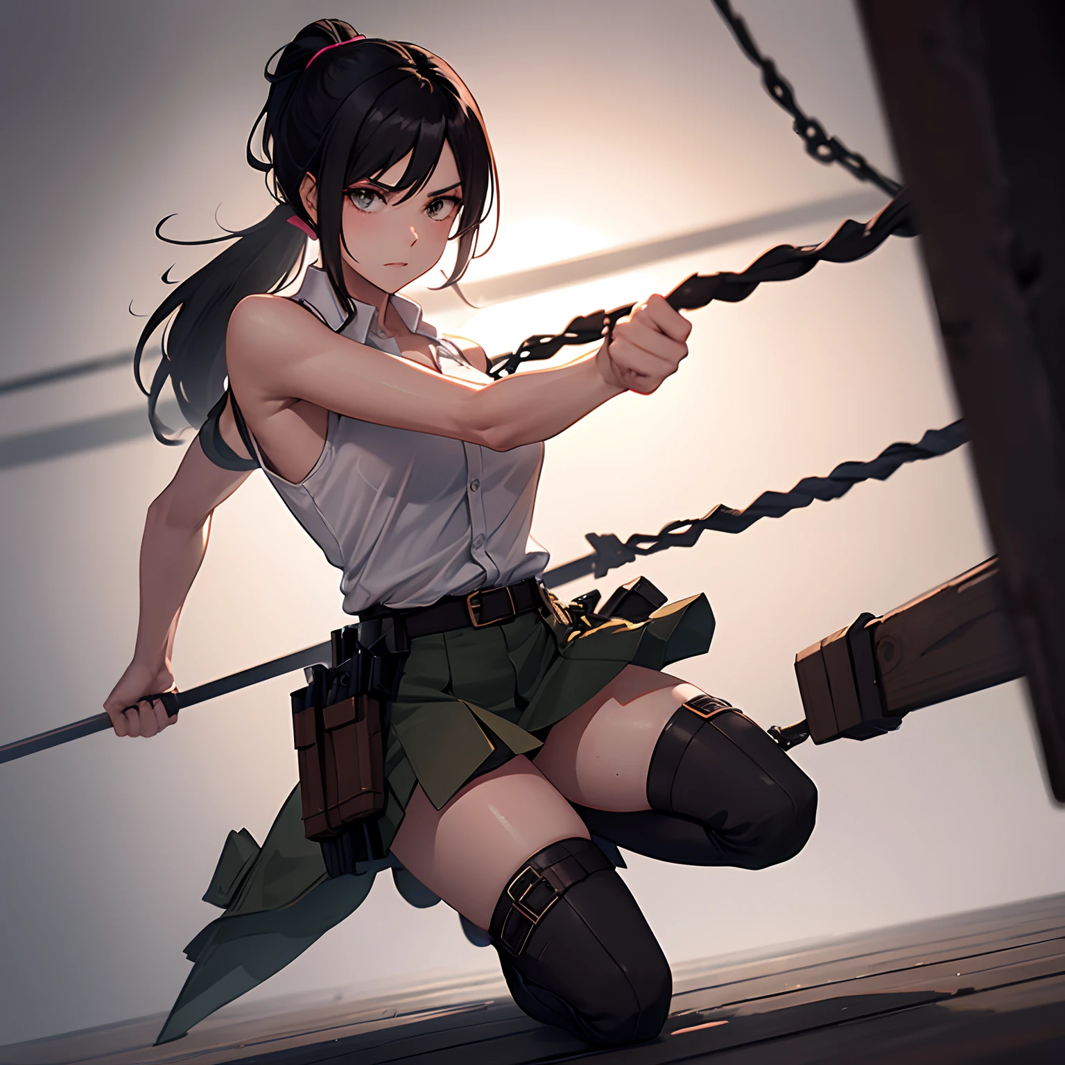 high quality, high resolution, extreme detail, masterpiece, tifa Lockhart, tied up by chain,arms up, in the basement,,bondage, (restrained), mud, angry, 