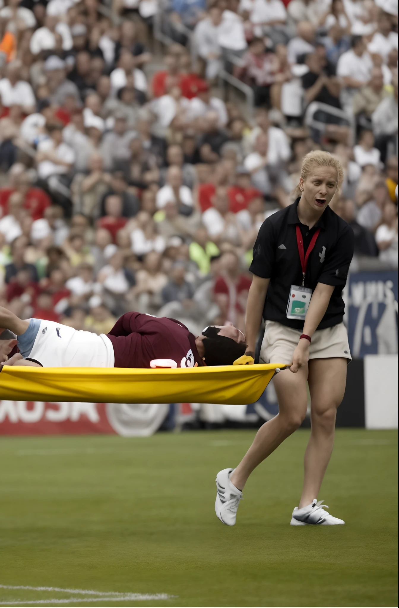 woman holding a man on a stretcher on a soccer field, injured, Photography of an injured sportsman on a stretcher being carried by a longhaired blond woman in a long black down coat, a young male soccer player in short sportswear is lying on his back on a stretcher and is grabbing his shin with his hands, hyperralistic, very realistic, ultrarealistic photorealistic, pgoto, photoreal, a young woman is wearing a high shine black downcoat and is holding a stretcher inside a sports stadium, a young madeup blond woman in a high-shine padded coat is shouting out for help and has a very sad and furious expression in her face, a sportsman is lying on a stretcher and has a very painful and suffering face, a young sportsman on a stretcher with a very painful expression in his face, dramatic action pose, sports accident, injury scene, theatralic pity pose, pity pityful, pain, a sportsman is lying on a stretcher and is crying in pain, a young madeup woman in a shiny coat is carrying a man on a stretcher inside a sports stadium, sports scene, stadium