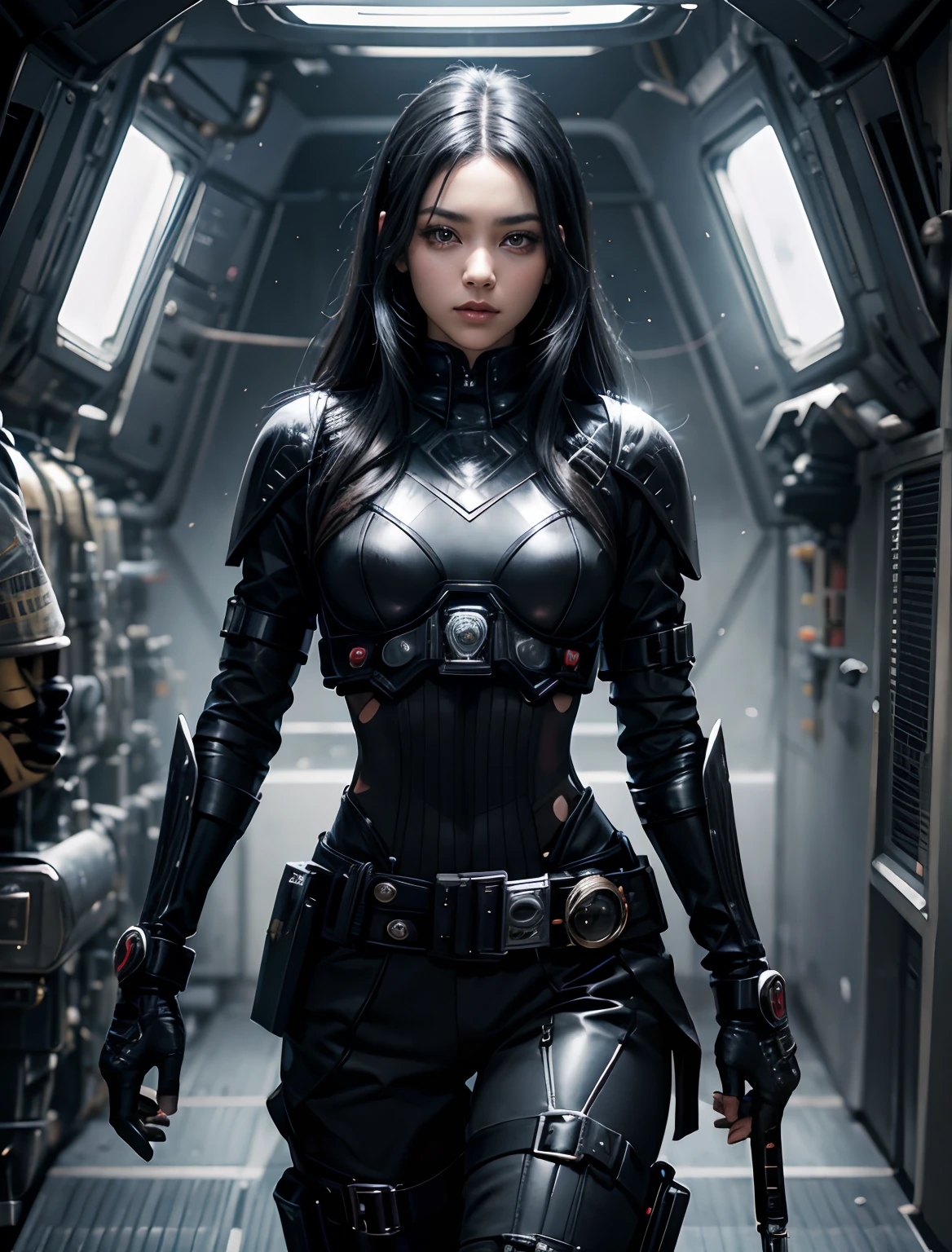 A beautiful woman. Black hair. black eyes. She wears black, metallic combat uniform. There is something on his waist that is reminiscent of Kamen Rider's transformation belt. She's in a spaceship. 8K image quality.