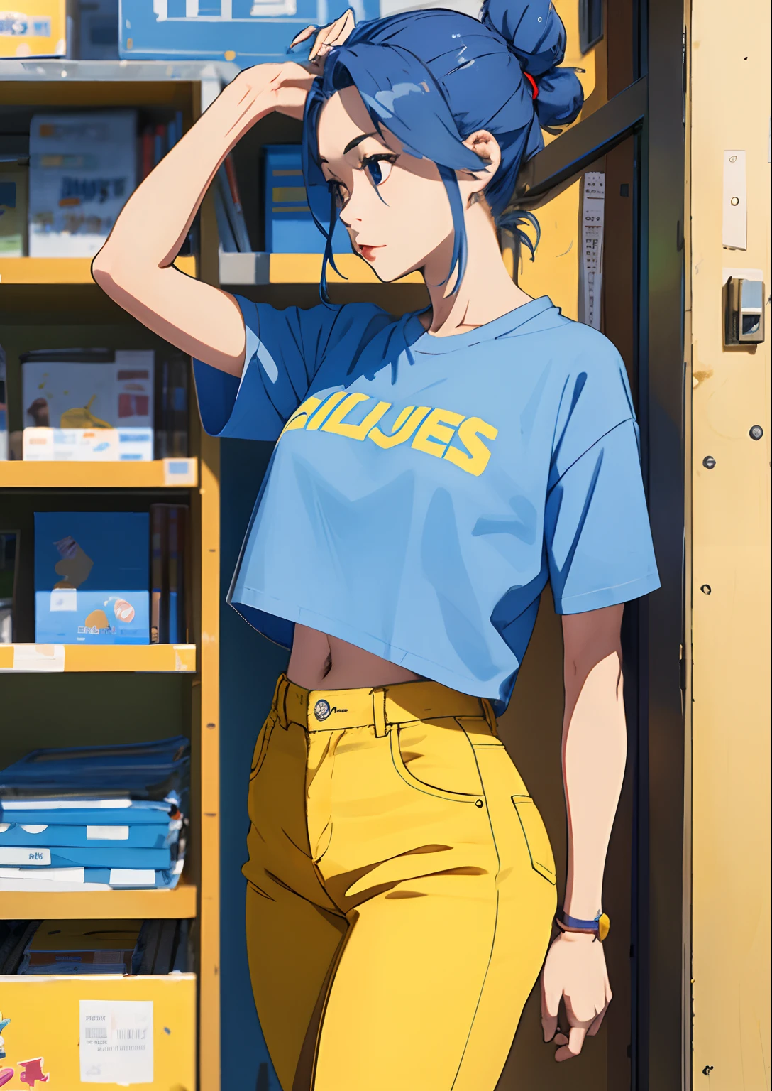 Female college student with bun head、Petite and baby-faced、I'm strong-willed、Blue hair、Colossal tits、Yellow clothes、denim hot-pants