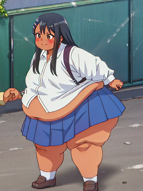 Fat nagatoro hayase, brown eyes, black hair, fat body, bangs, big cheeks, fat and cute face, long hair, dark skin, hairclip, white shirt, blue skirt, no socks, school shoes, fat arms, fat belly , happy face