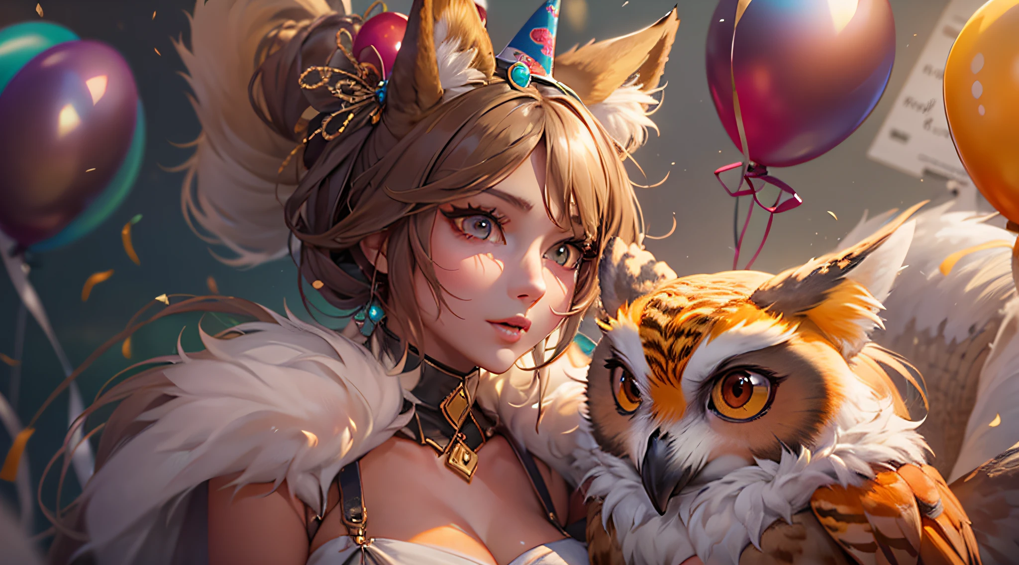 fox girl + Owl Girl, celebrate a birthday, Beautiful layered cake, Shompanskoe, Balloons, in elegant clothes, Masterpiece, hiquality, 4k, 8k, full HD, Furry, hyper realisitc, ultradetail