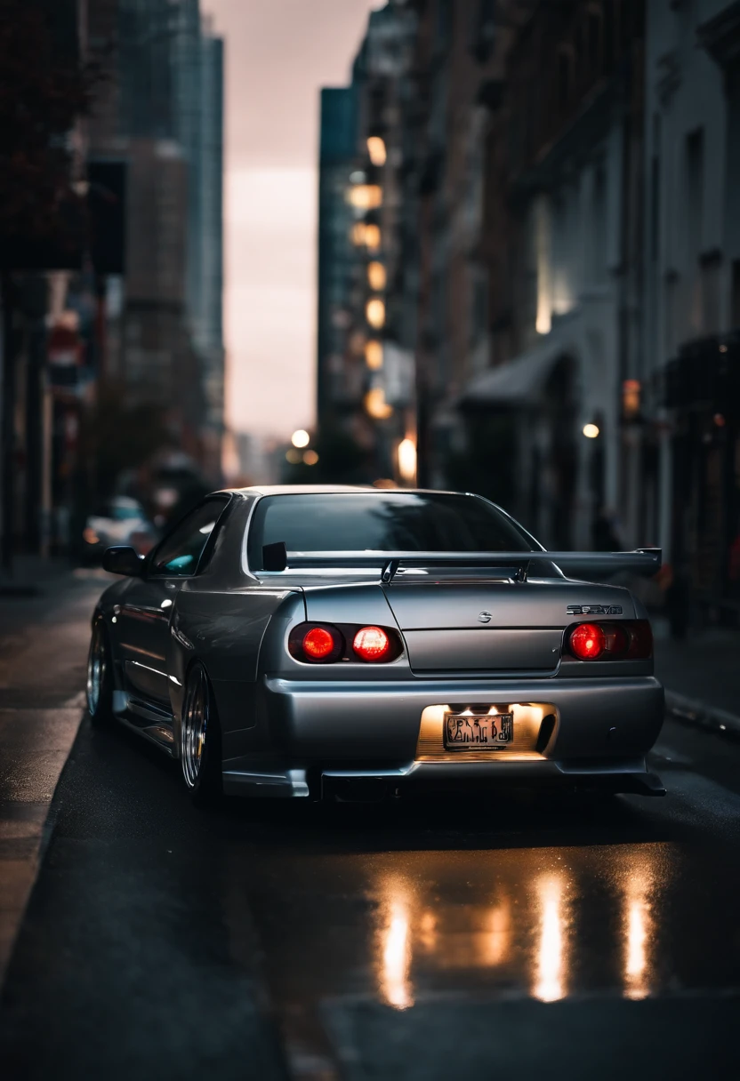 A 1999 Nissan Silver R33 lowered wide body, car body molded as if it was in the movie Tron legacy, LED strips light up all the body lines of the car, night city background, motion blurr