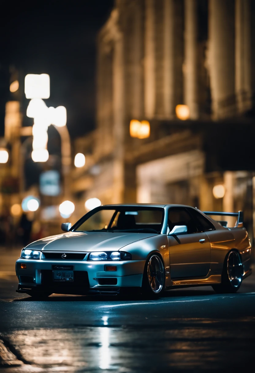 A 1999 Nissan Silver R33 lowered wide body,  car body molded as if it was in the movie Tron legacy, LED strips light up all the body lines of the car, night city background, motion blurr