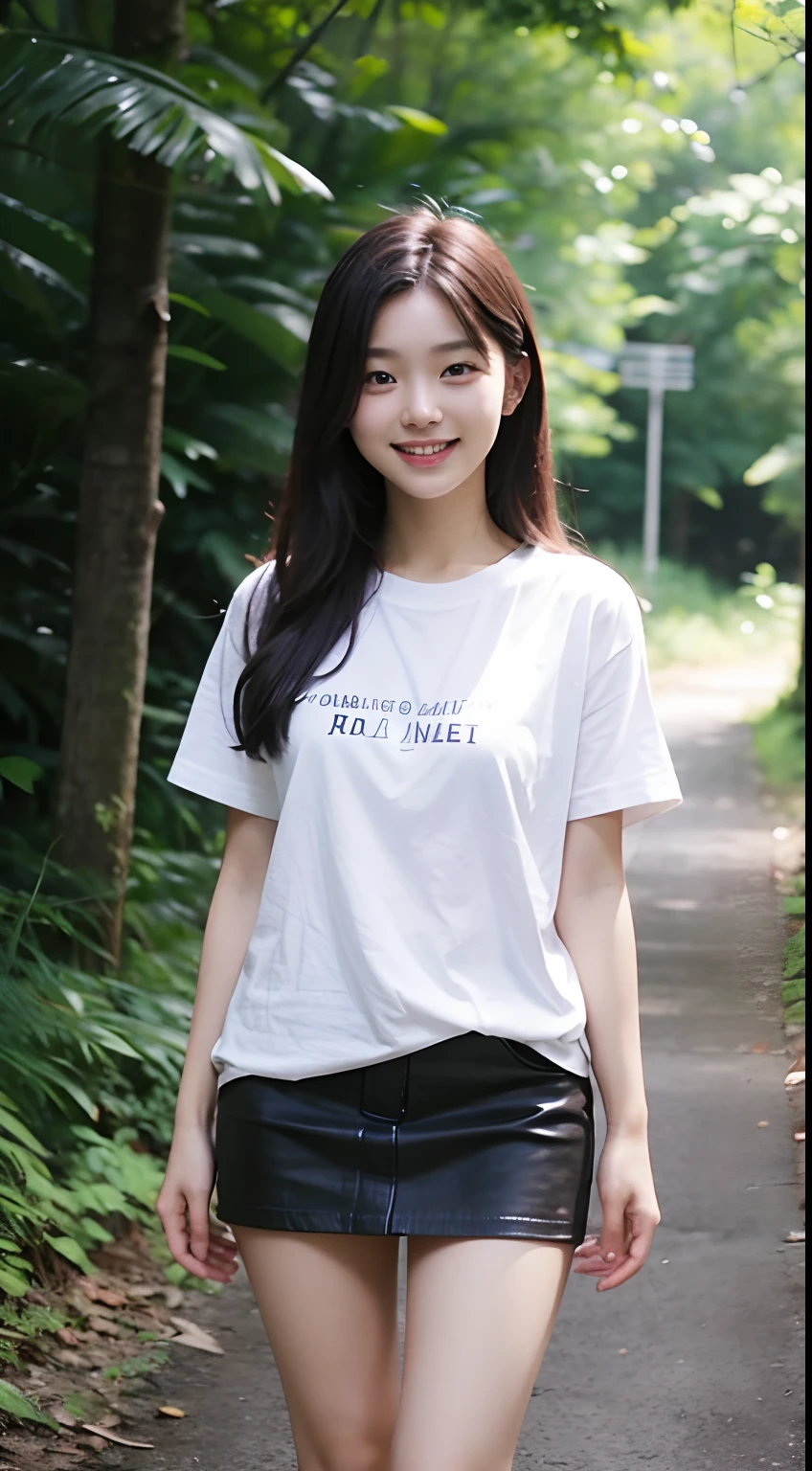 20yr old、a miniskirt、White T-shirt、legs are long、the woods、with light glowing。a smile。