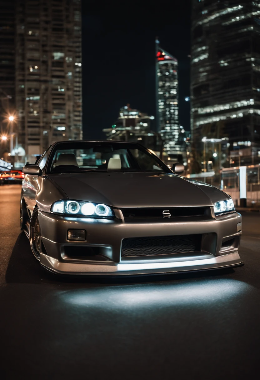 A 1999 Nissan Silver R33 lowered wide body,  car body molded as if it was in the movie Tron legacy, LED strips light up all the body lines of the car, night city background, motion blurr