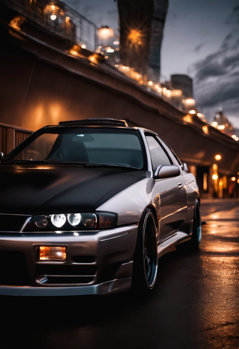 A 1999 Nissan Silver R33 lowered wide body, car body molded as if it was in the movie Tron legacy, LED strips light up all the body lines of the car, night city background, motion blurr