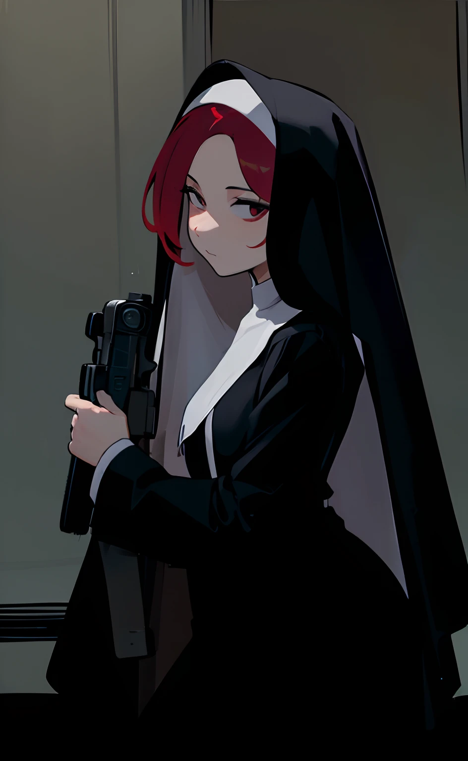 (Masterpiece:1.3), (Best quality: 1.4), Extremely delicate and beautiful, Amazing, finedetail, Masterpiece, Ultra-detailed, High quality, (1female), Beautiful face,  Side painting，lewd nun，The red-haired，holding gun