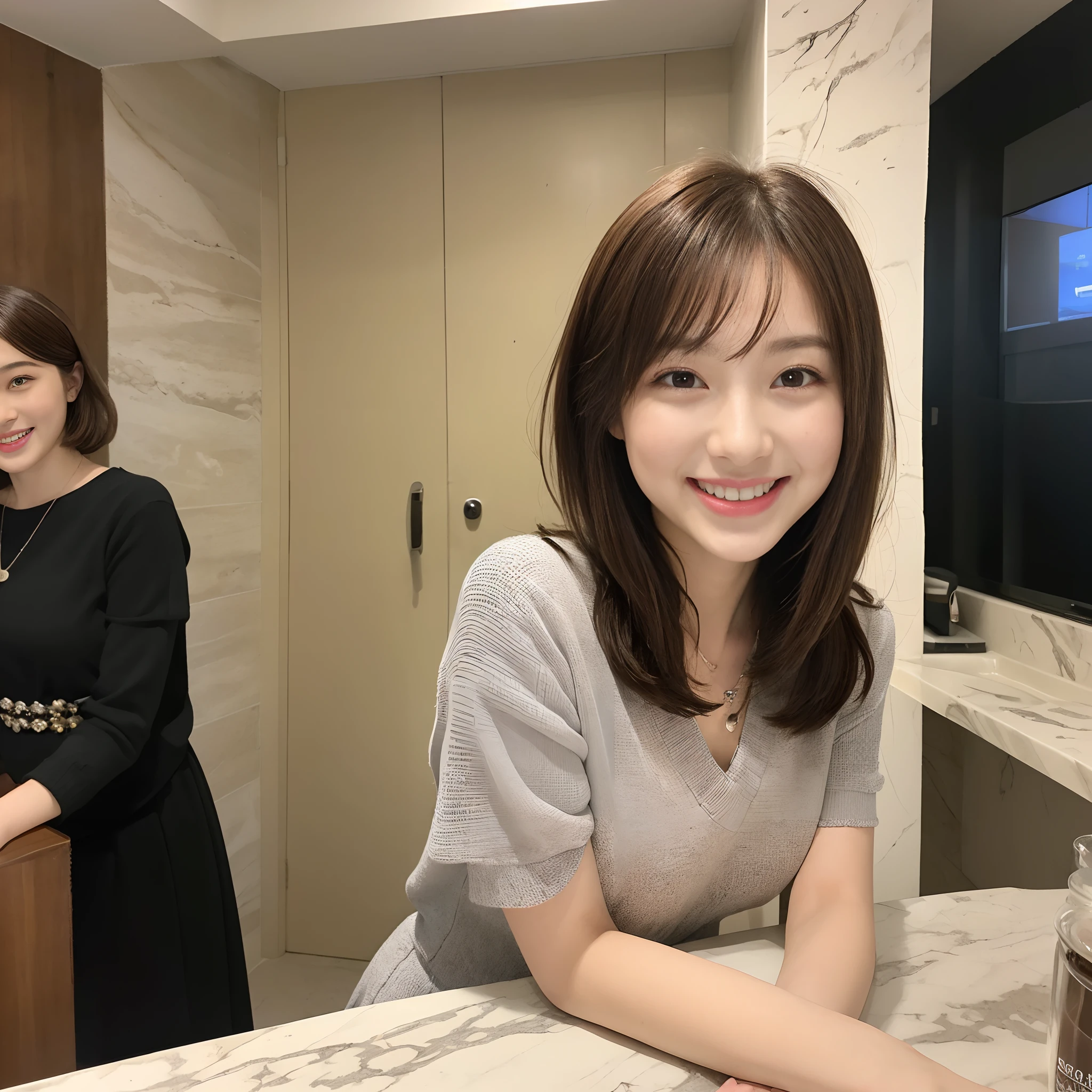 ((Best Masterpiece)), ((of the highest quality)), ((8K)), one girls, Japanese, 21 years old, Super beautiful, cute little, woman model, Full body, slender, Super Luxury Hotel, Sony SLR Photography, Brown hair, highlights hair、Short hair, waved hair、looking in camera,Smiling face, Background Realistic, Marble wall、buses, Washstand,photograph,