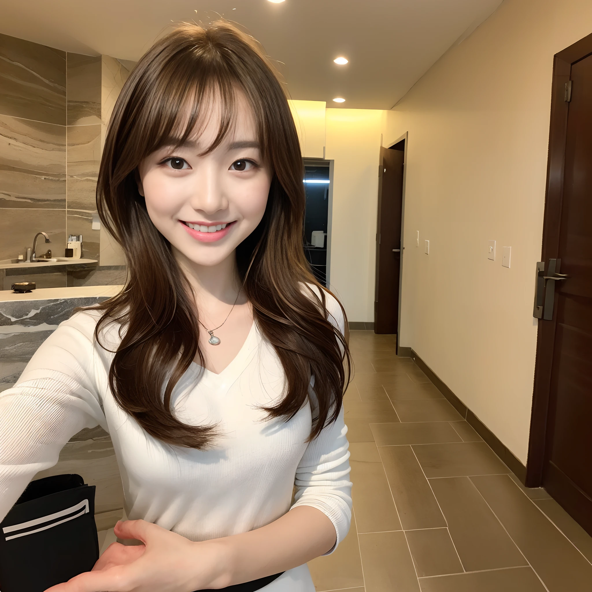 ((Best Masterpiece)), ((of the highest quality)), ((8K)), one girls, Japanese, 21 years old, Super beautiful, cute little, woman model, Full body, slender, Super Luxury Hotel, Sony SLR Photography, Brown hair, highlights hair、Short hair, waved hair、looking in camera,Smiling face, Background Realistic, Marble wall、buses, Washstand,photograph,