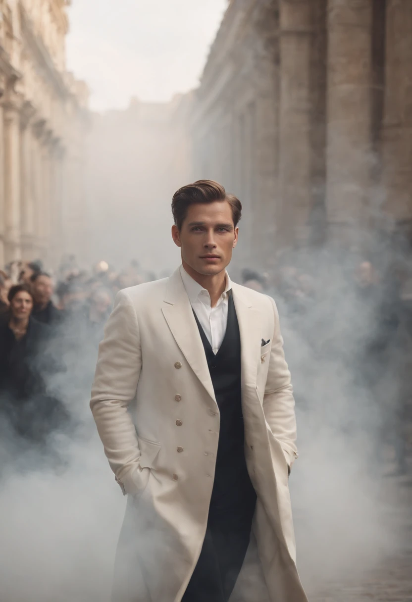 ethereal photo of an elegant man, emerging from swirls of smoke and vapors, Peter Lindbergh style, masterpiece of intricate art, foreboding, golden ratio, Trending on CGSeteration, intricate, epics, trending on ArtStation, by artgerm, highly detailed, Vibrant, production cinematic character rendering, very high quality template