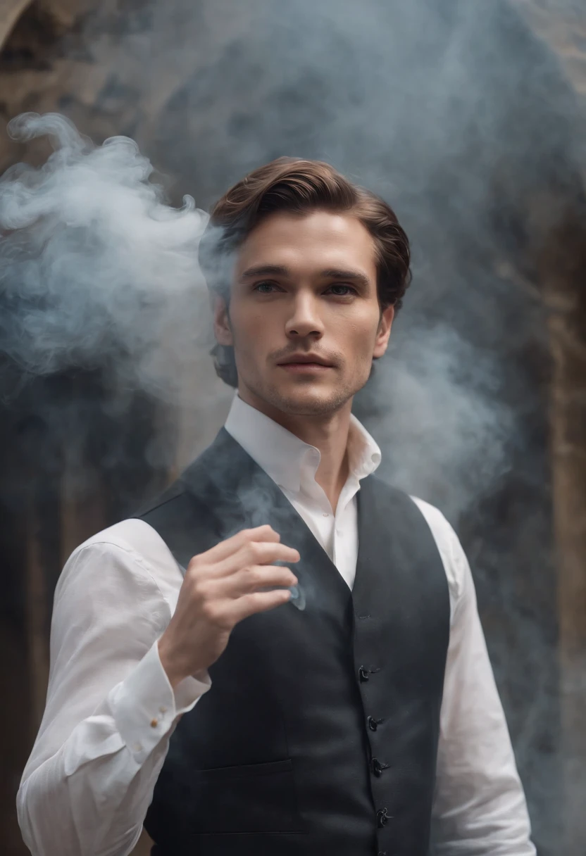 ethereal photo of an elegant man, emerging from swirls of smoke and vapors, Peter Lindbergh style, masterpiece of intricate art, foreboding, golden ratio, Trending on CGSeteration, intricate, epics, trending on ArtStation, by artgerm, highly detailed, Vibrant, production cinematic character rendering, very high quality template