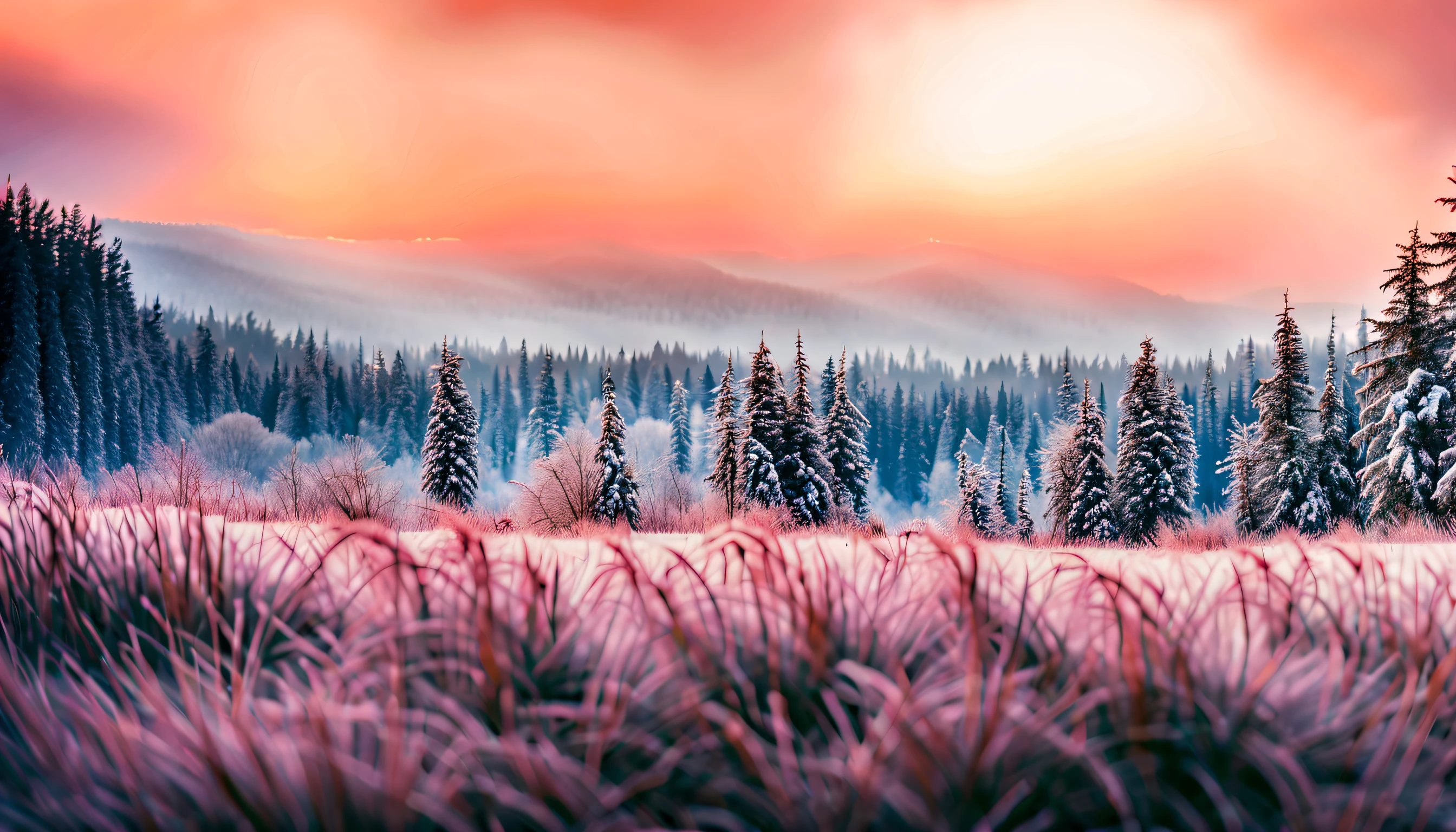 (Frosted crystals,Frost on the leaves,Ethereal atmosphere),Winter wonderland,Surreal landscape,Icy branches [brilliant sunset:1.1], [muted pastels], [Subtle shadows], [Sparkling snow], [Clear details], [delicate textures], [Sublime beauty], [Dreamlike scenery], [Frozen silence], [gentlesoftlighting], [Whisper style], [an enchanted forest], [Subtle color gradients], [Crystal clear reflections], [silhouettes of trees], [Subtle mystery], [serenequietude], [A faint smell of magic], [mystical ambiance], [Peaceful solitude], [harmony of nature], [Sublime solitude], [A subtle winter palette], [Sublime tranquility], [Mellow Atmosphere], [captivating tranquility], [Ethereal beauty], [soft diffuse light], [Layers of frost], [Glittering branches], [Impeccable clarity], [Light snowfall], [Pastel winter tones], [Peaceful silence], [Magical tranquility], [Mystery in the mist], [Exquisite tranquility], [ethereal glowing], [Charming and delicious food], [Mysterious silence]