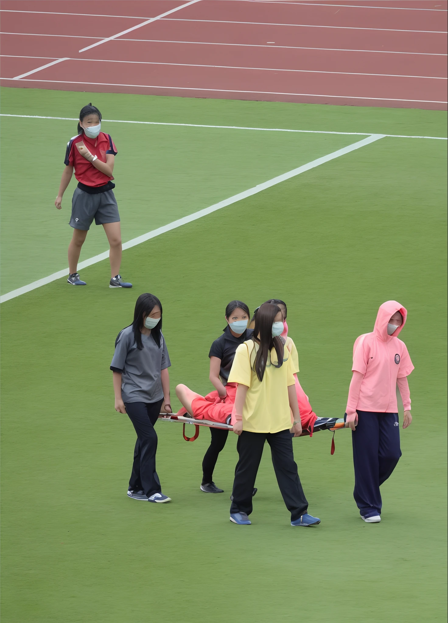 Four very worried looking chinese girls carry a stretcher between them, Two male legs and two soccer shoes look forward out of the tarpaulin, four very worried looking chinese girls carry a short-haired male footballer away from us with the help of a stretcher, on the stretcher lies an injured and unconscious male footballer with short hair and matte sports clothing, the matte t-shirt and the pain-distorted face of the injured athlete protrude over the upper part of the stretcher, Four very worried looking chinese girls transporting an injured male footballer on a stretcher, Four very worried looking chinese girlsn with shiny uniform-jackets are standing in a filled football stadium, Four very worried looking chinese girls are seen from behind in shiny jackets, Four very worried looking chinese girls are holding a stretcher in the middle of them, Four chinese girls are going along, The stretcher that they are carrying in the midle of them ranfrom us, in the stretcher lies an injured and unconscious male footballer with short hair and matt sports clothing, the matte t-shirt and the pain-distorted face of the injured athlete protrude over the upper part of the stretchern, Two male legs and two soccer shoes look forward out of the stretcher