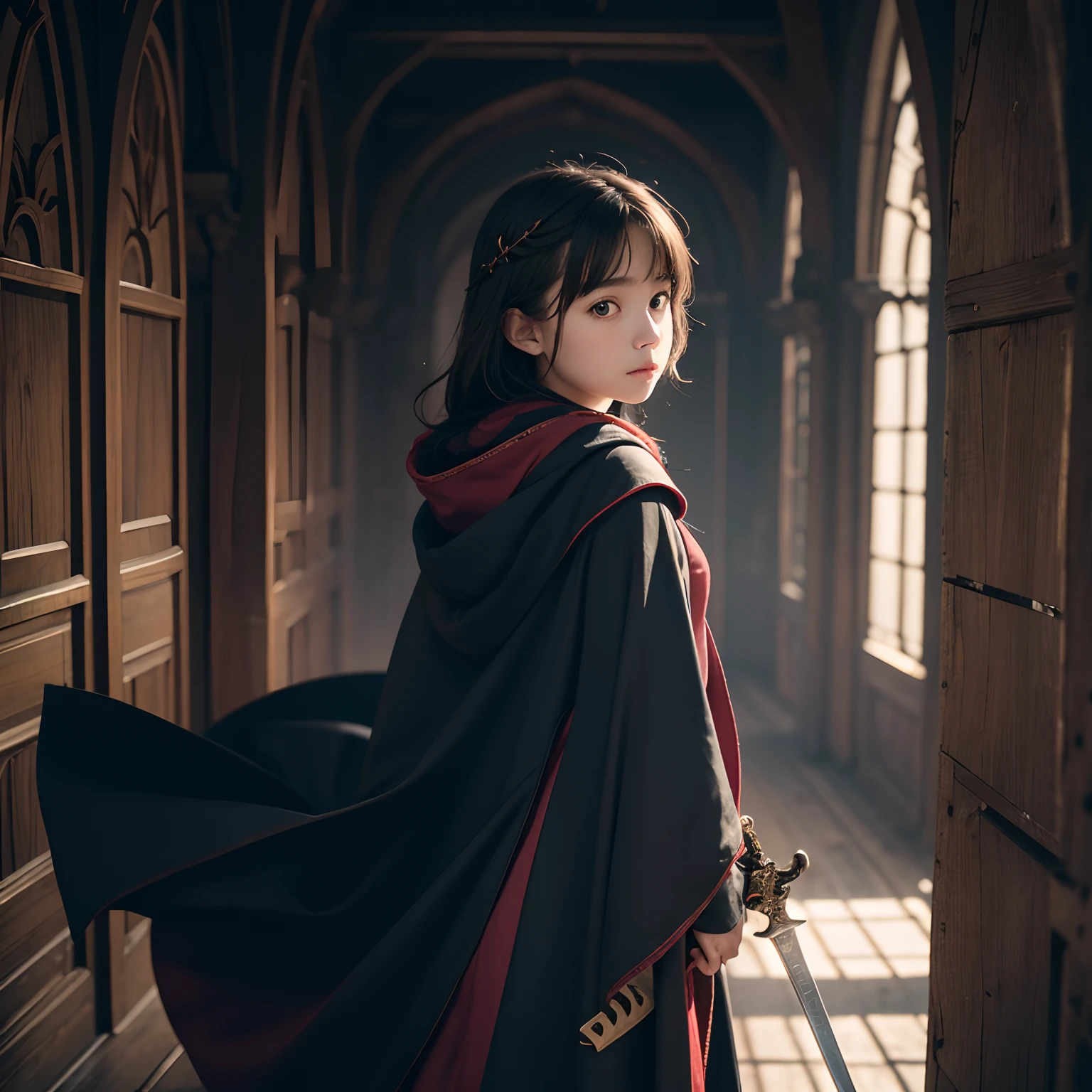 A young girl in a cloak,With his back to the camera,Young girl with a sword on her back, He waved his hand,leaving
