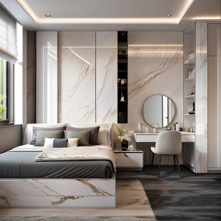 Masterpiece, high quality, best quality, authentic, super detail, interior, bedroom, bed, 2 pillow, wardrobe, glass Windows, carpet, no bed sheets bedroom/(morden and neoclassical ), dark tone, glossy floor, (((white max bump feather carpet))), white marble wall, (((picture decor at wall on head))), white waving bench at the end of the bed, cabinet near the bed by full inox
