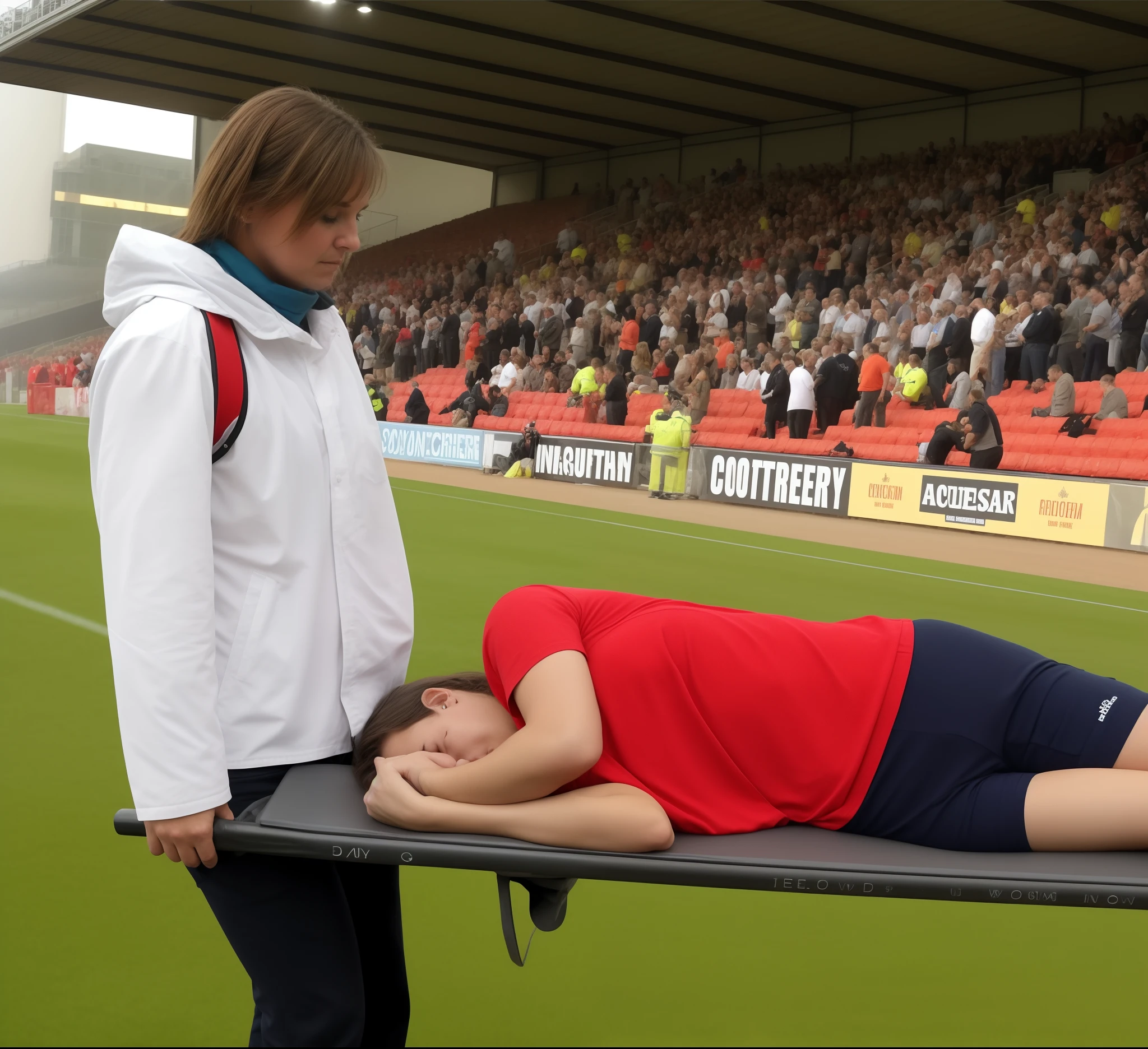 there is a man laying on a stretcher being carried by a compassionate woman in a stadium, very sad, over-shoulder shot, stretch, a sad, far away shot, photo mid shot, tired half closed, beauty shot, poignant, sad scene, prize winning, looking sad, a huge, photo from a spectator, large shot, face shot, far shot