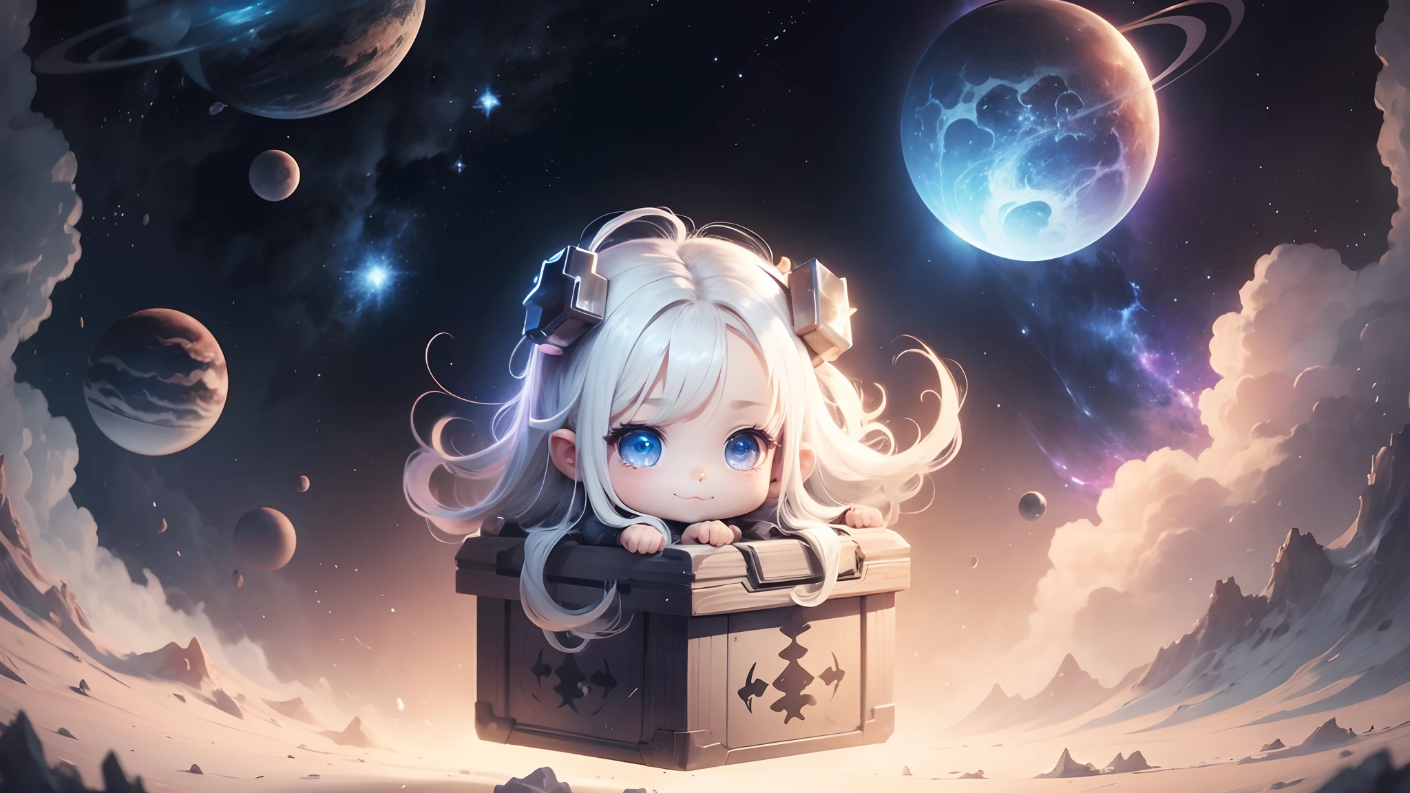 Space concept, mini box, chibi, 1 girl, white hair, long hair, floating, star, milky, NEbula, planets